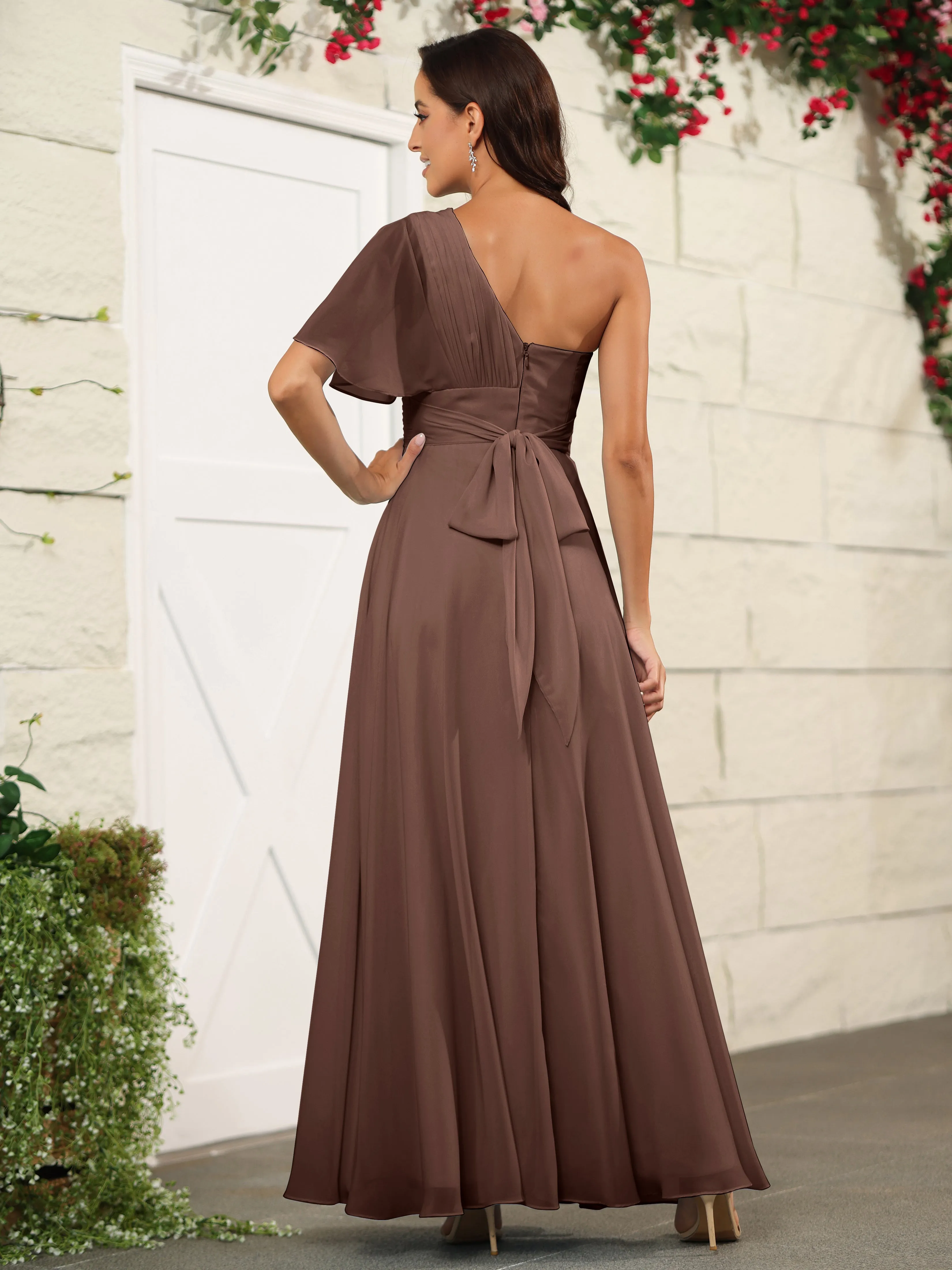 Simple One Shoulder Chiffon Floor Length Bridesmaid Dresses