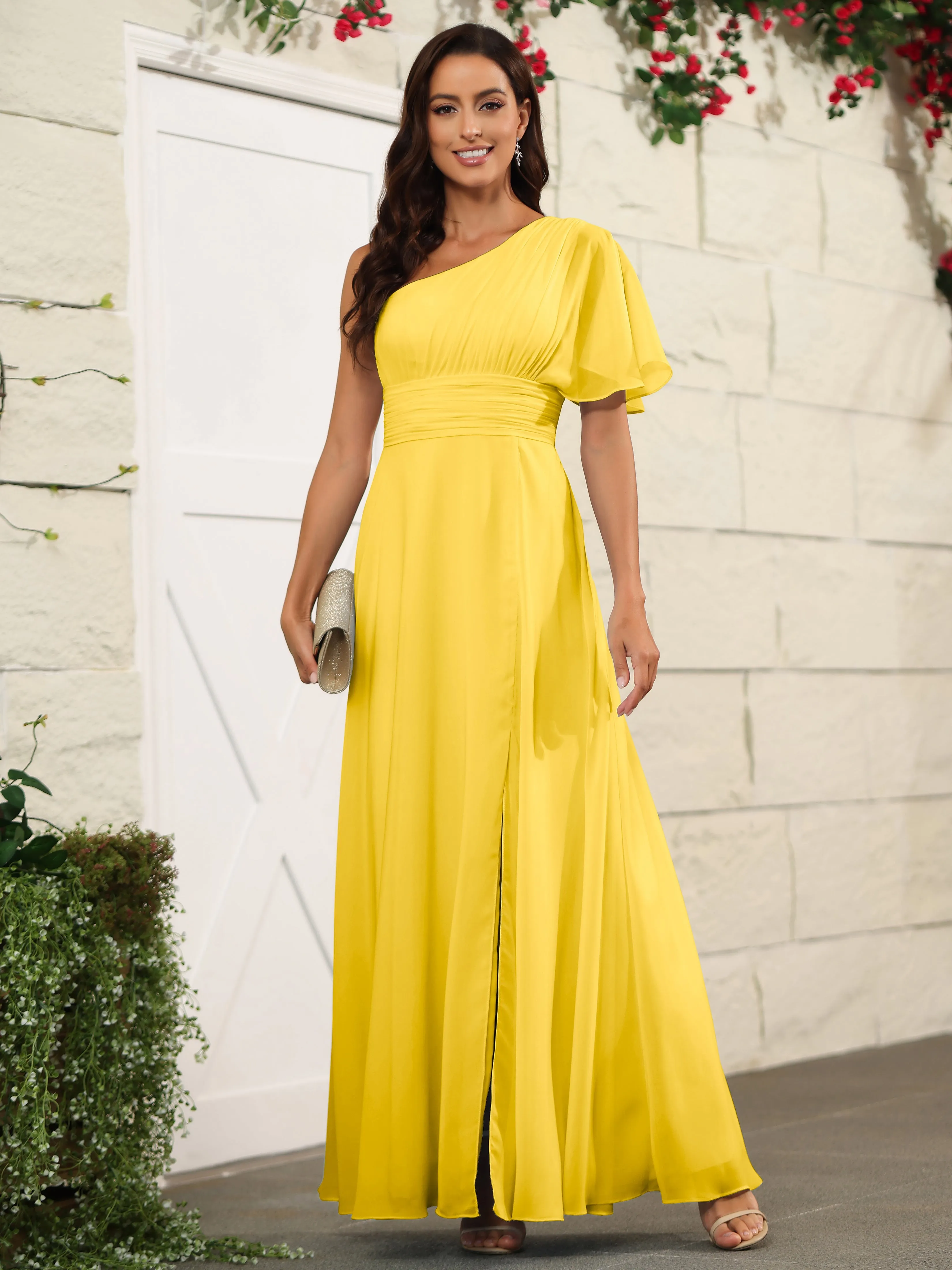 Simple One Shoulder Chiffon Floor Length Bridesmaid Dresses