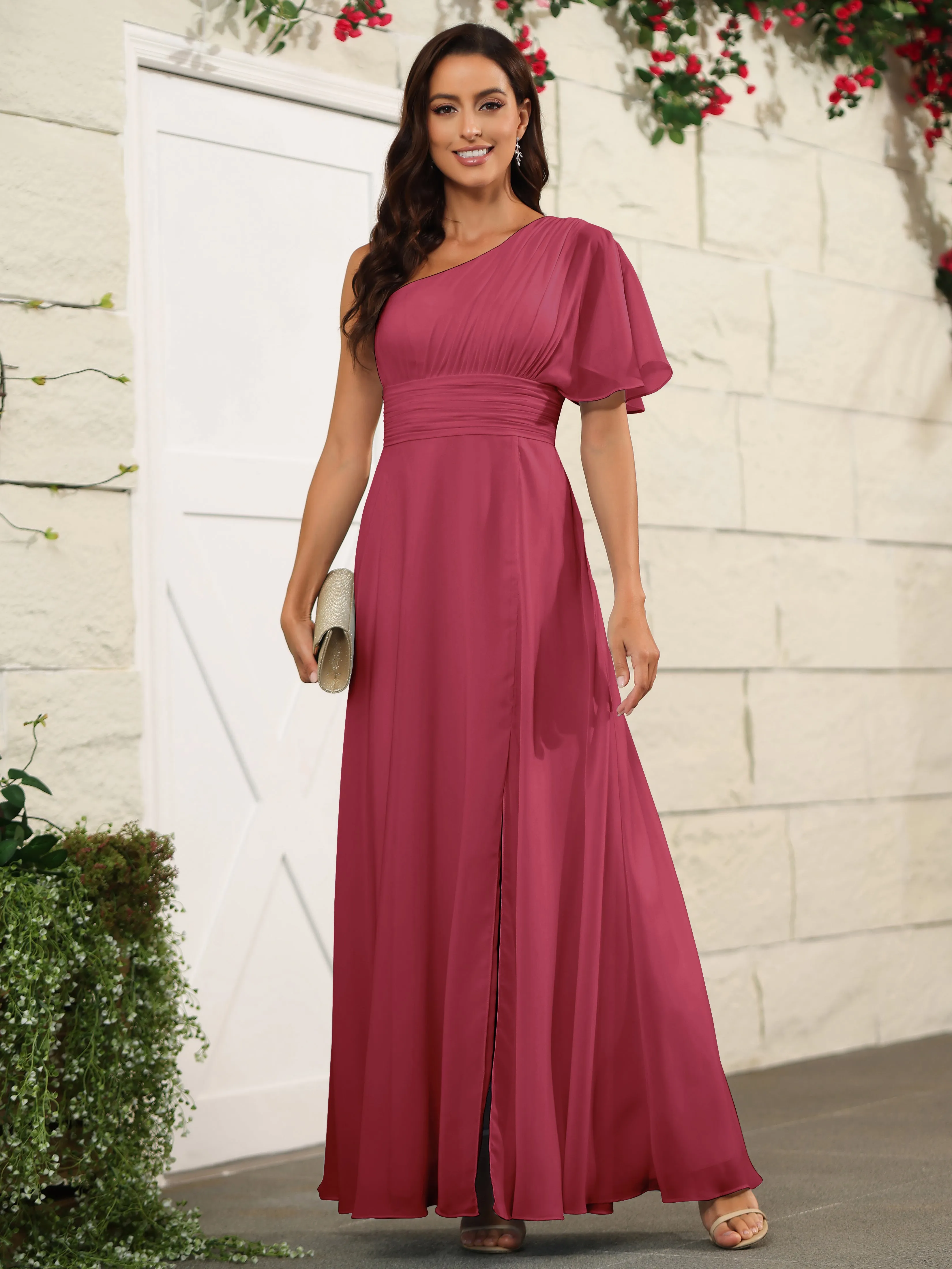 Simple One Shoulder Chiffon Floor Length Bridesmaid Dresses