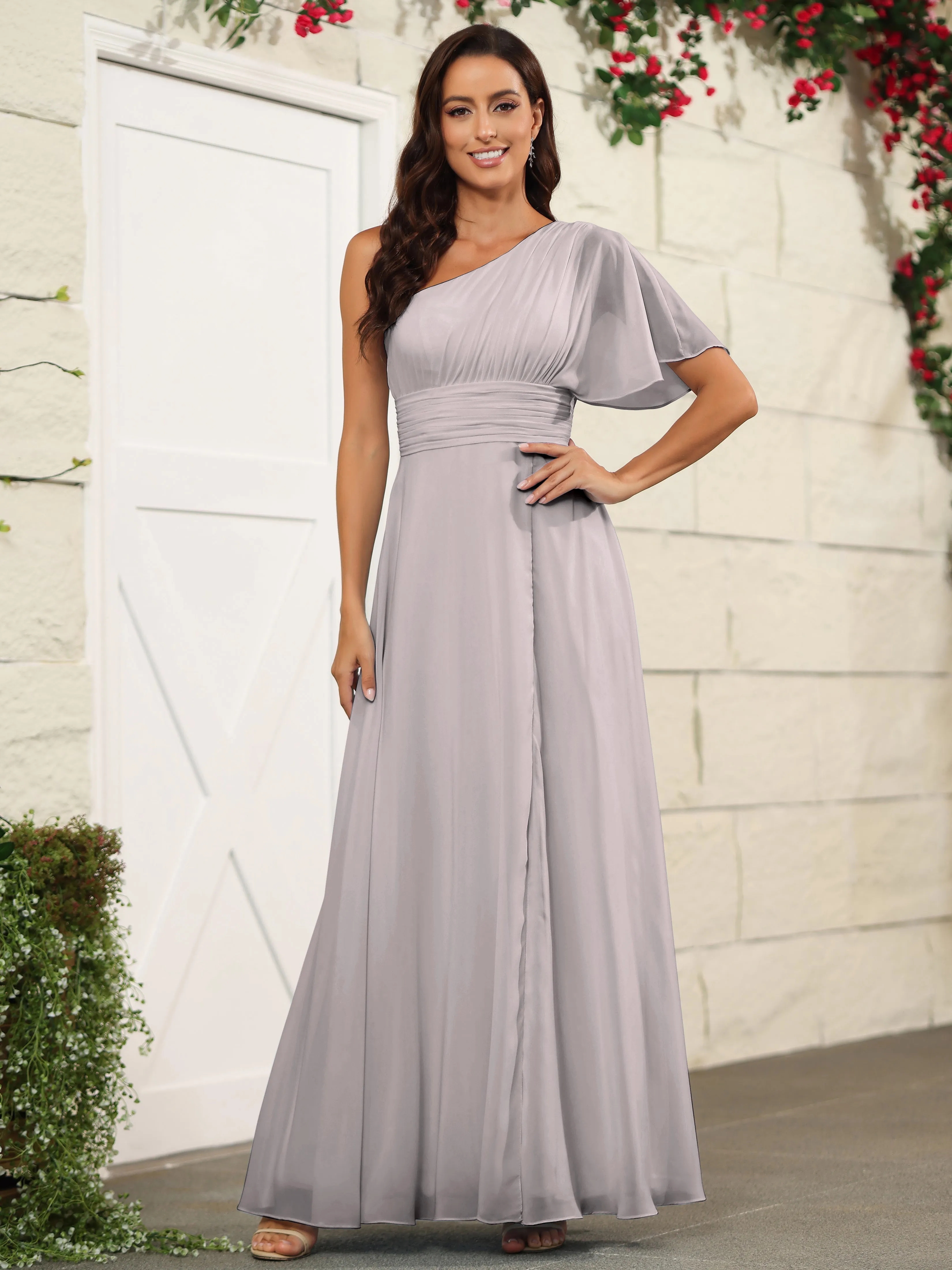 Simple One Shoulder Chiffon Floor Length Bridesmaid Dresses