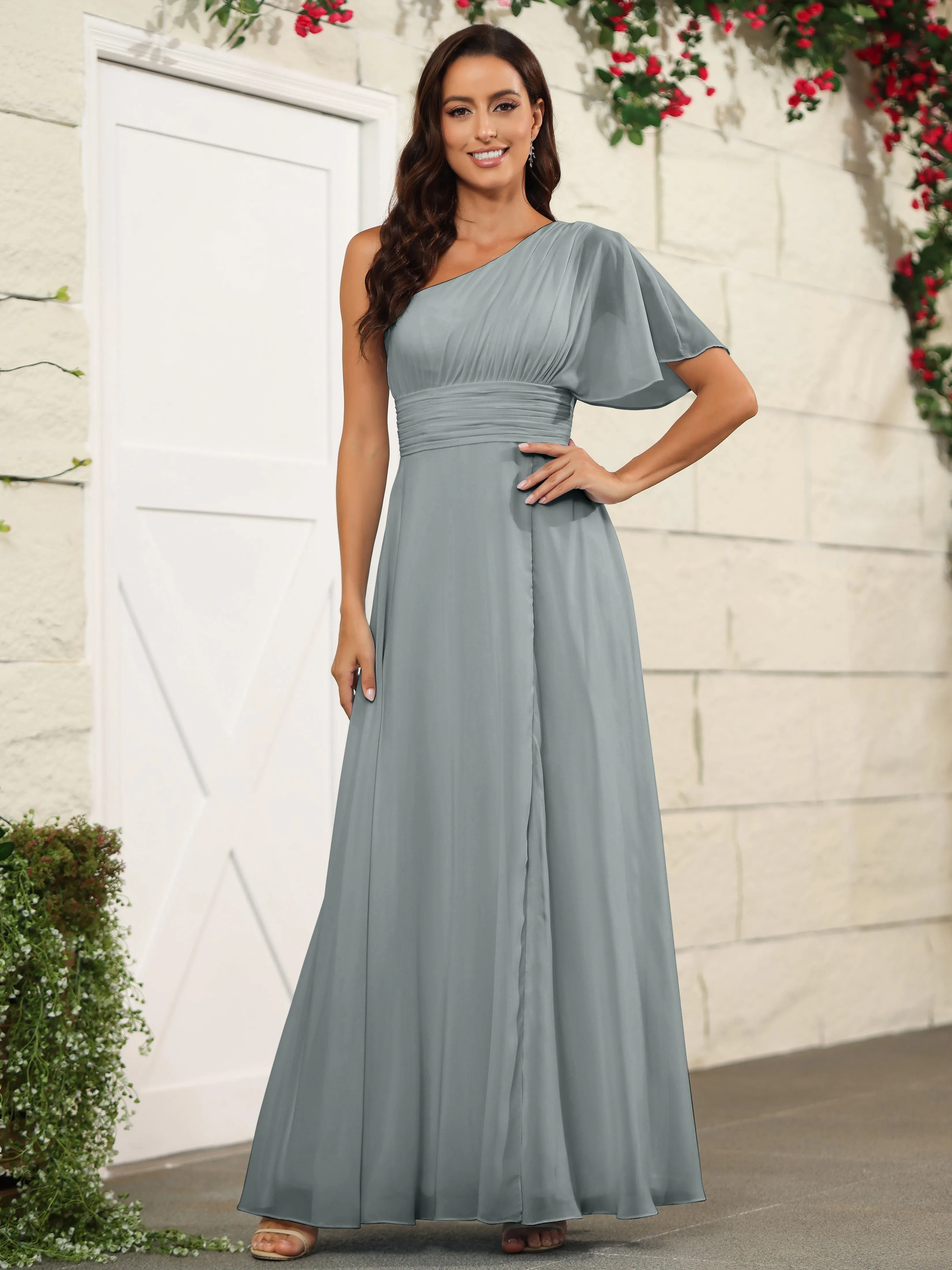 Simple One Shoulder Chiffon Floor Length Bridesmaid Dresses