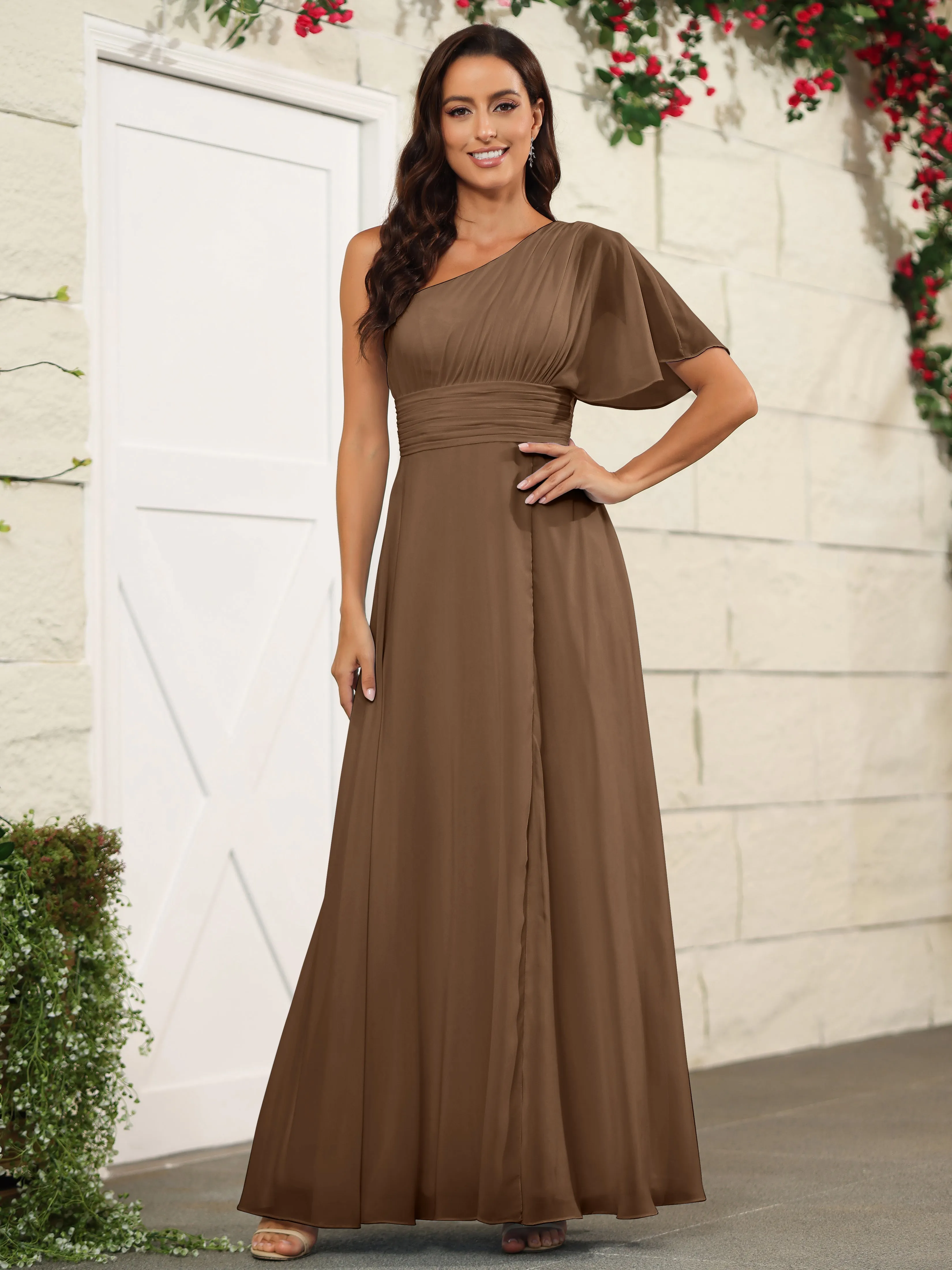 Simple One Shoulder Chiffon Floor Length Bridesmaid Dresses