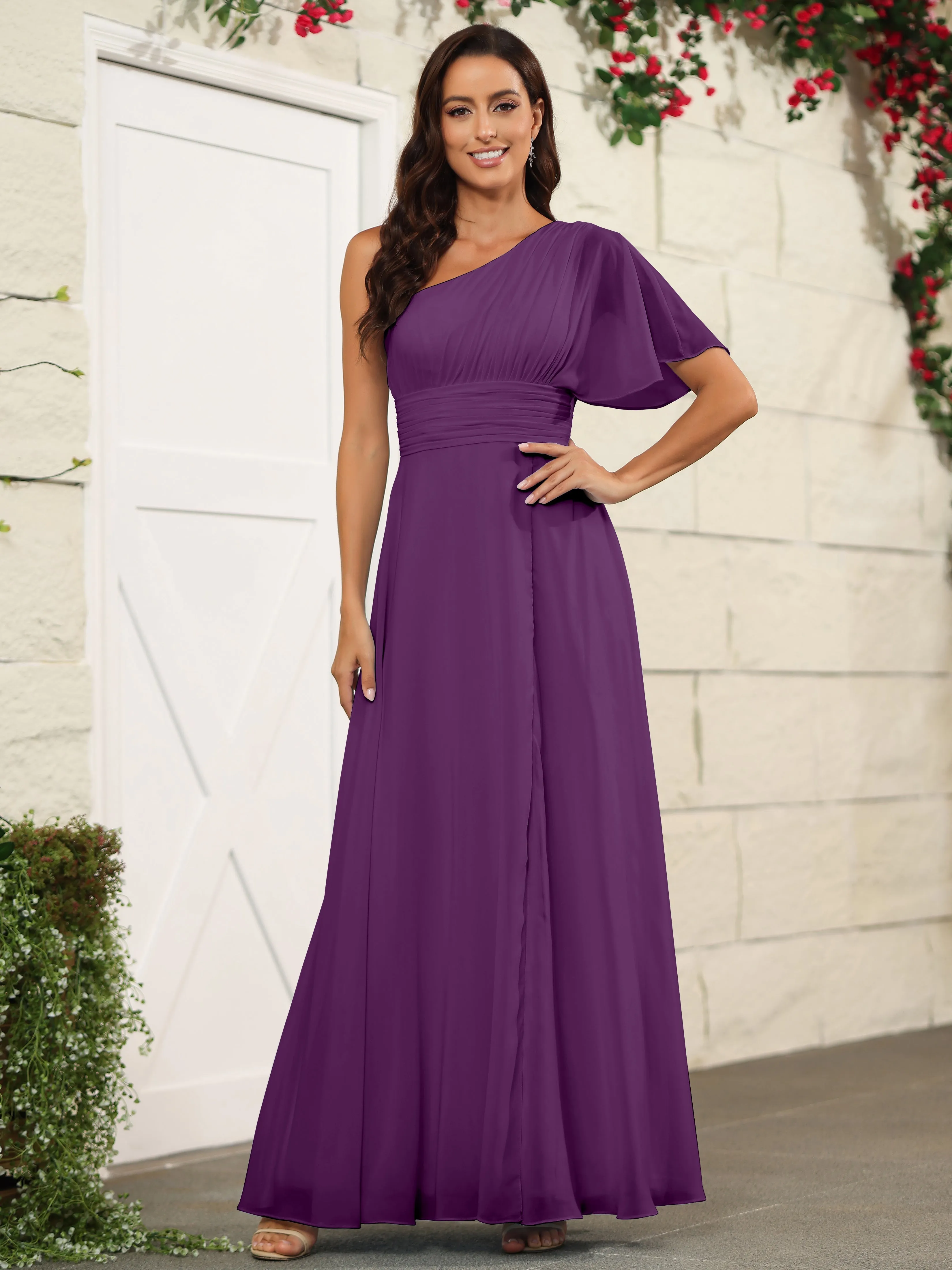 Simple One Shoulder Chiffon Floor Length Bridesmaid Dresses