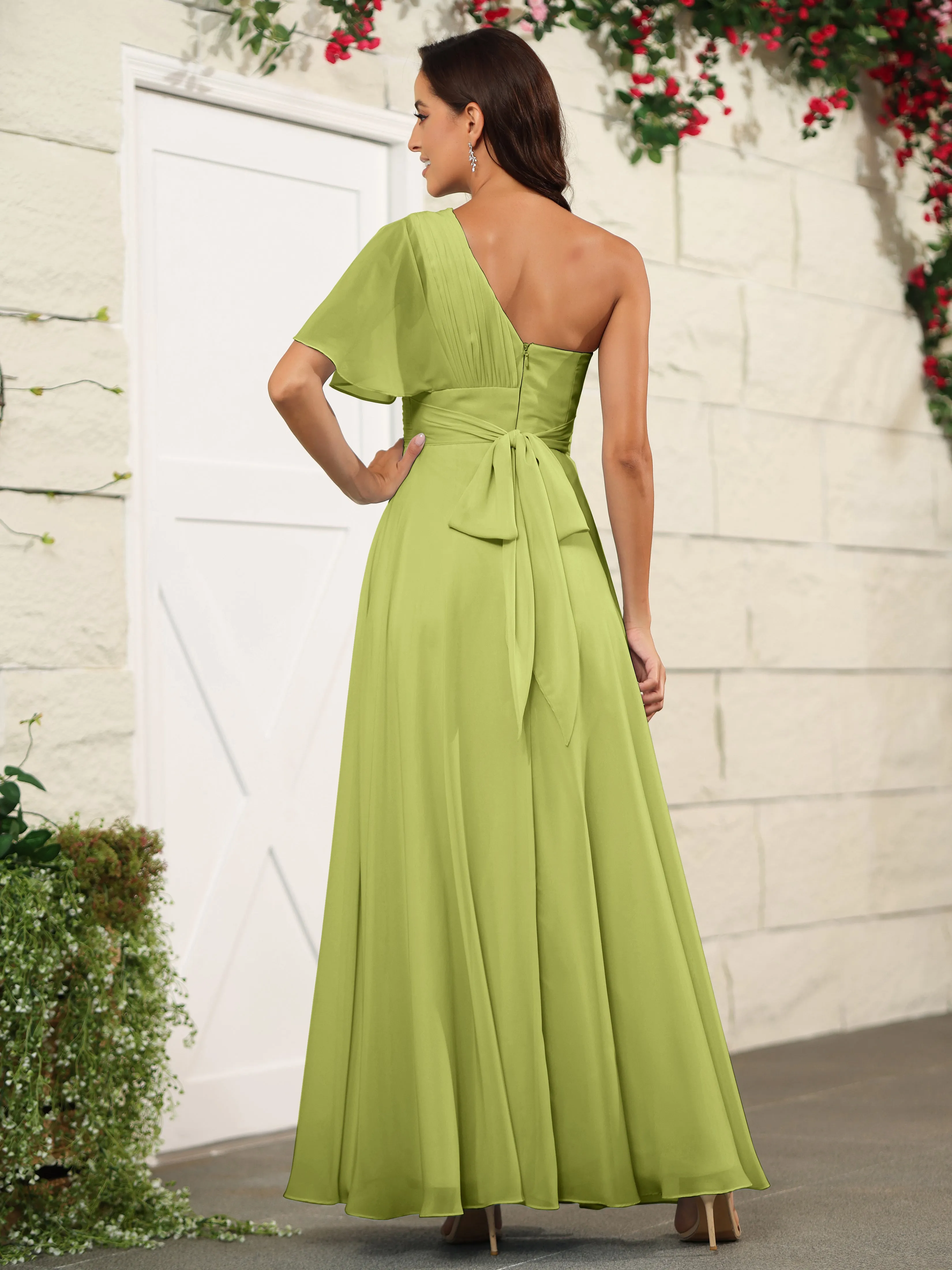 Simple One Shoulder Chiffon Floor Length Bridesmaid Dresses