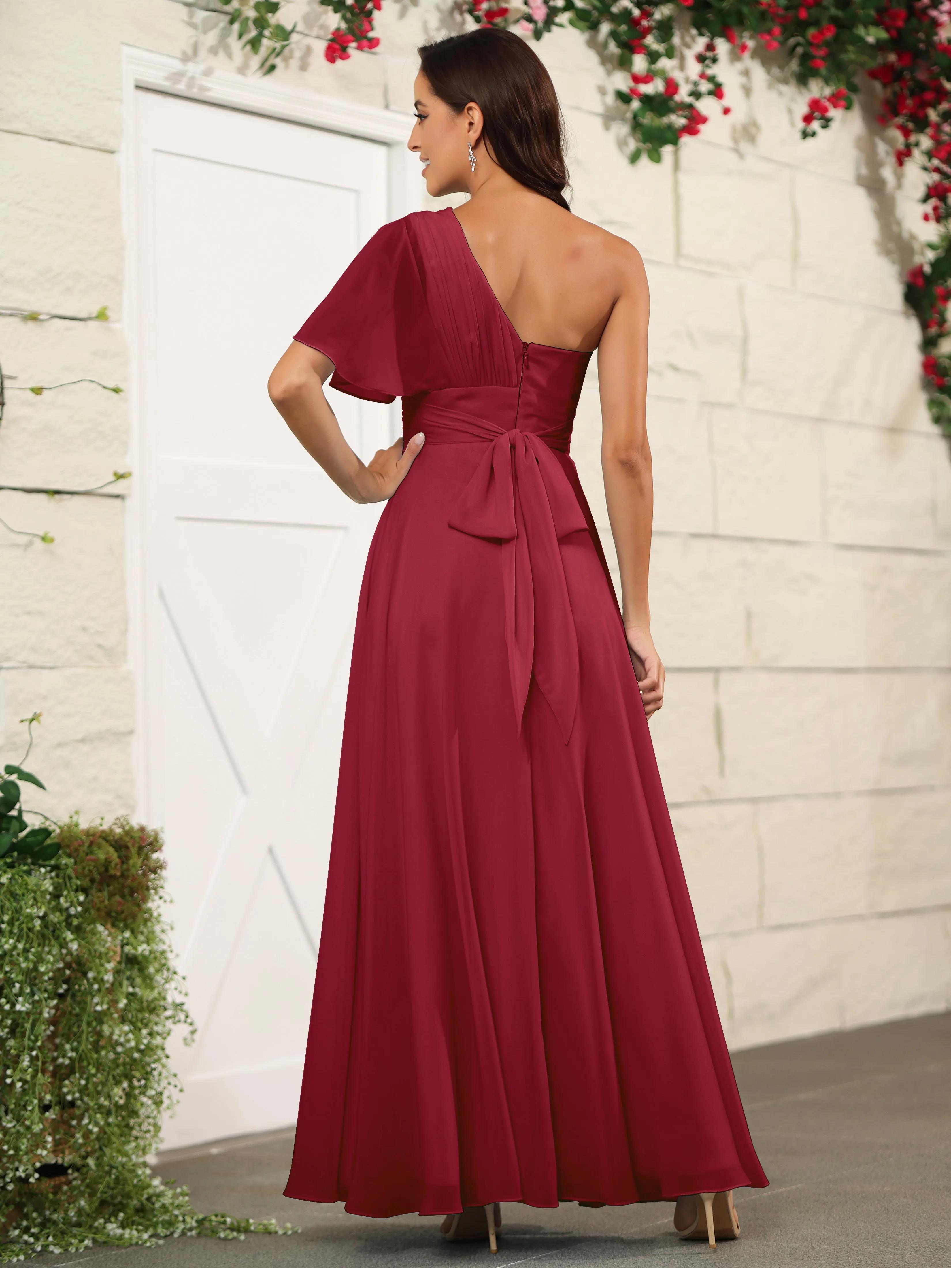 Simple One Shoulder Chiffon Floor Length Bridesmaid Dresses