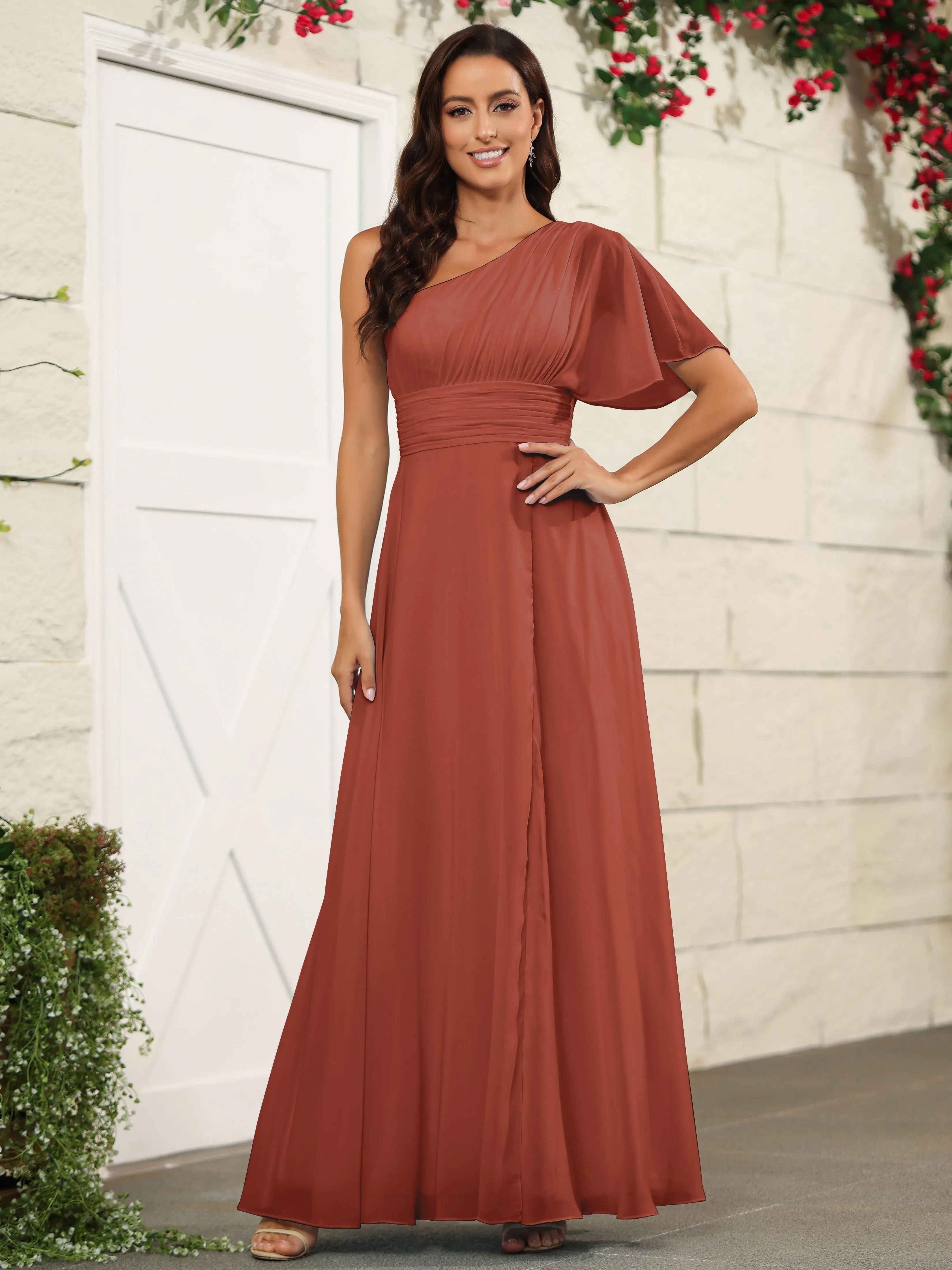 Simple One Shoulder Chiffon Floor Length Bridesmaid Dresses