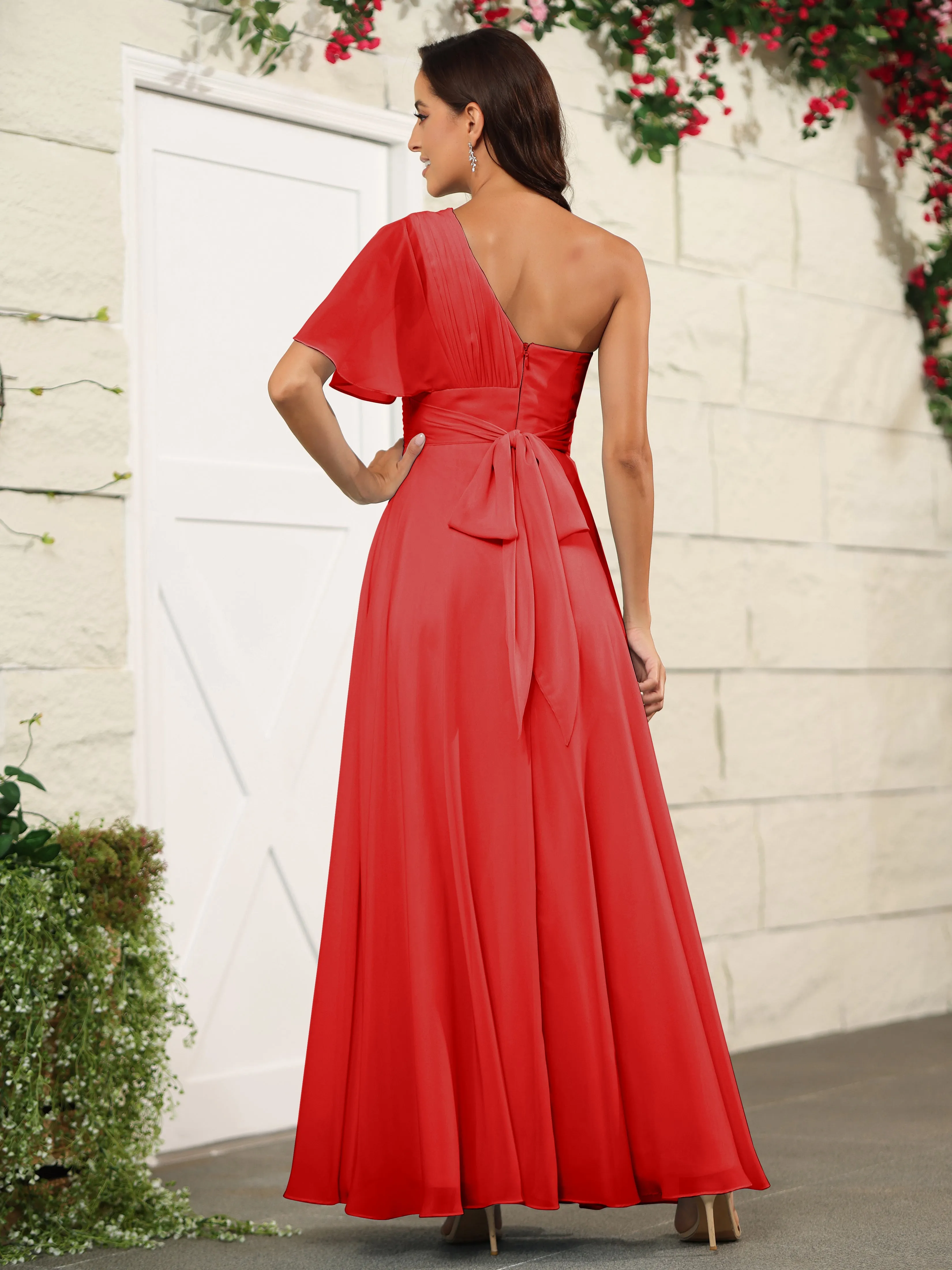 Simple One Shoulder Chiffon Floor Length Bridesmaid Dresses