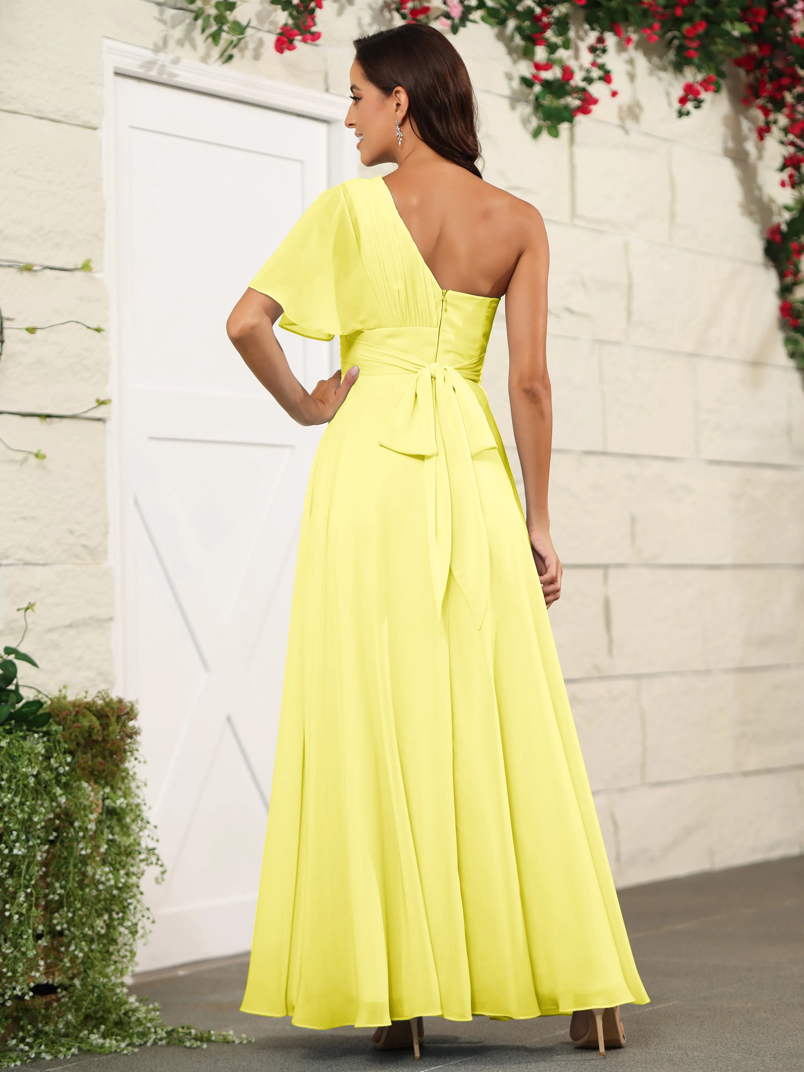 Simple One Shoulder Chiffon Floor Length Bridesmaid Dresses