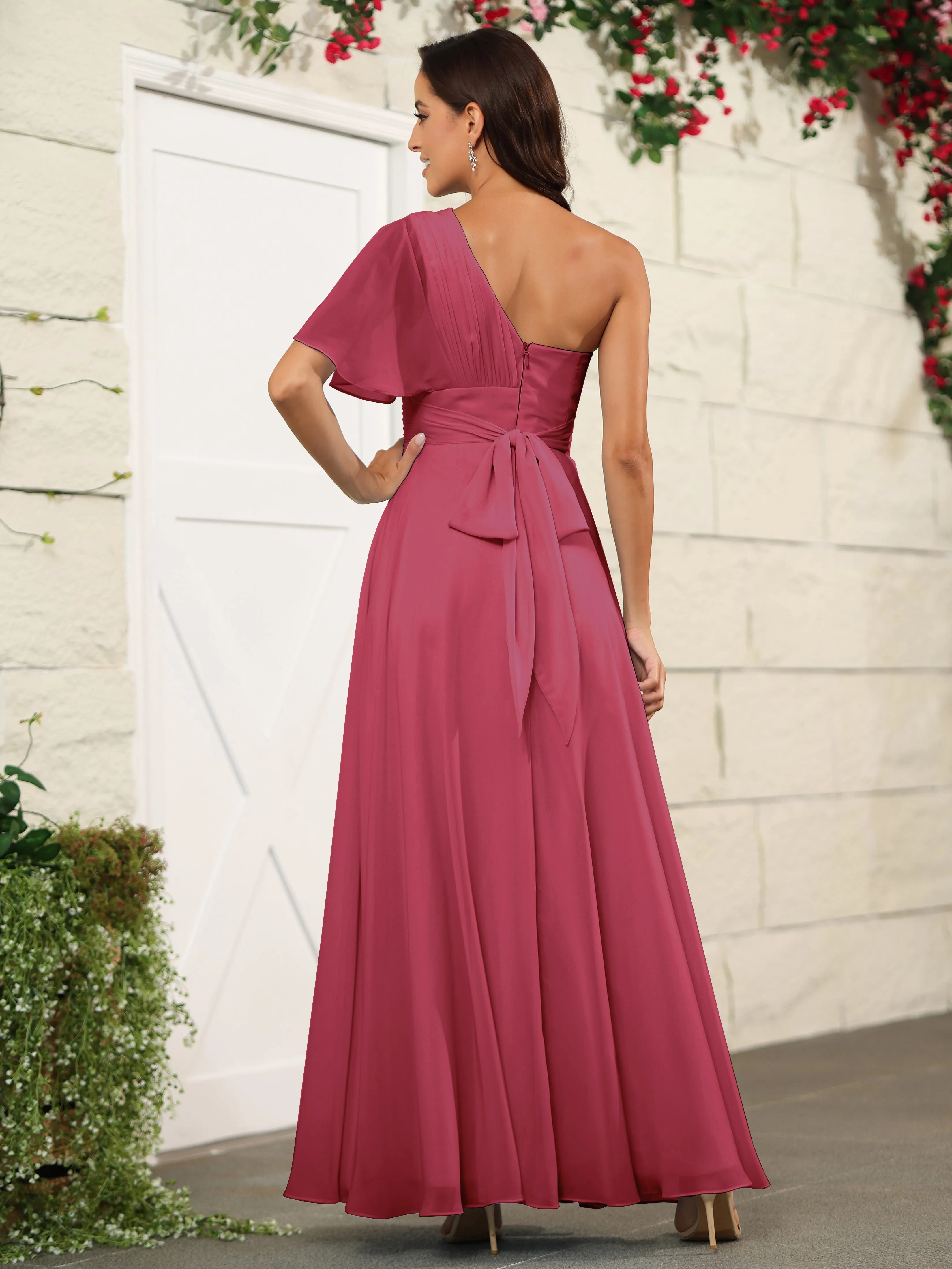 Simple One Shoulder Chiffon Floor Length Bridesmaid Dresses