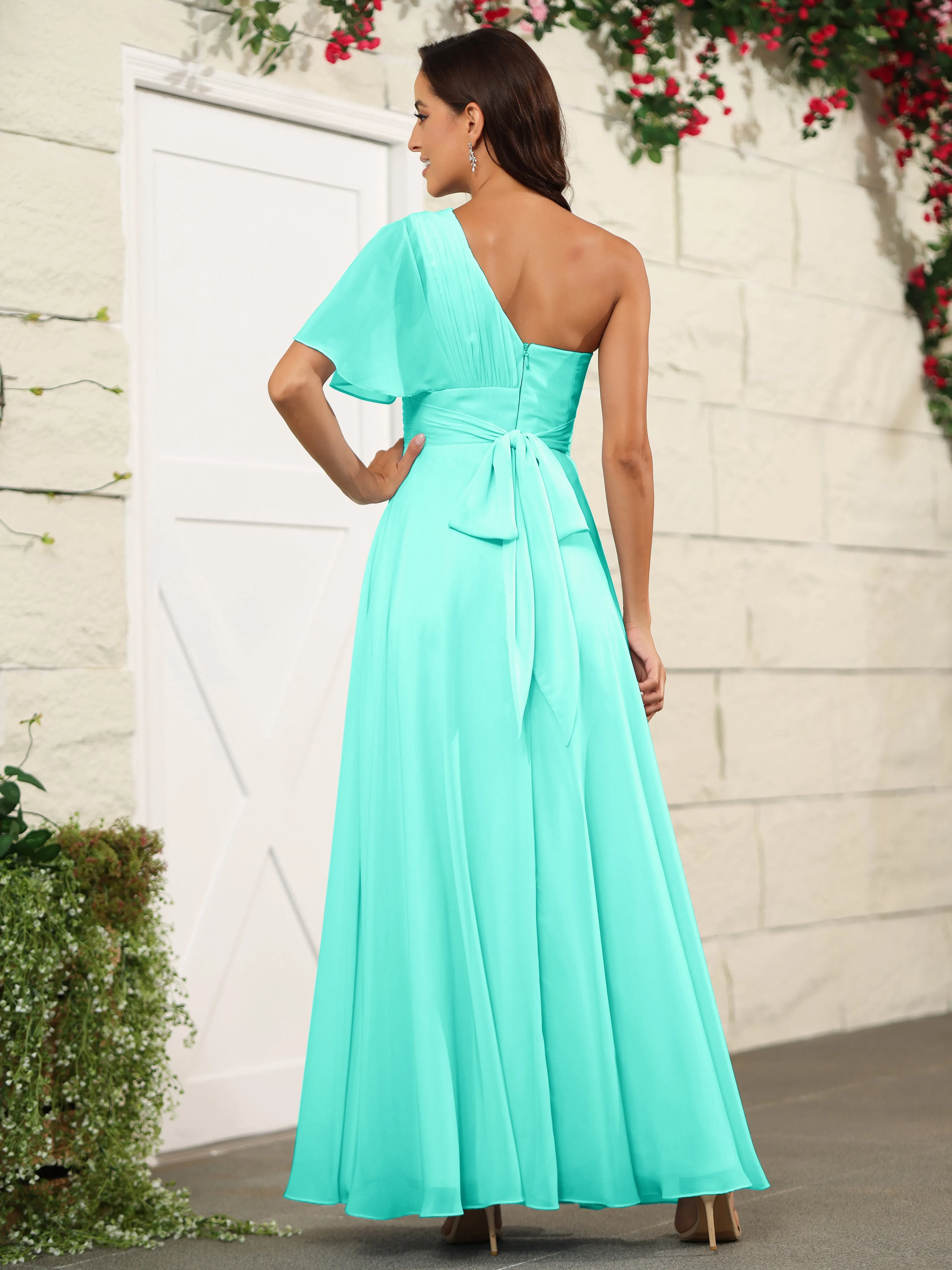 Simple One Shoulder Chiffon Floor Length Bridesmaid Dresses