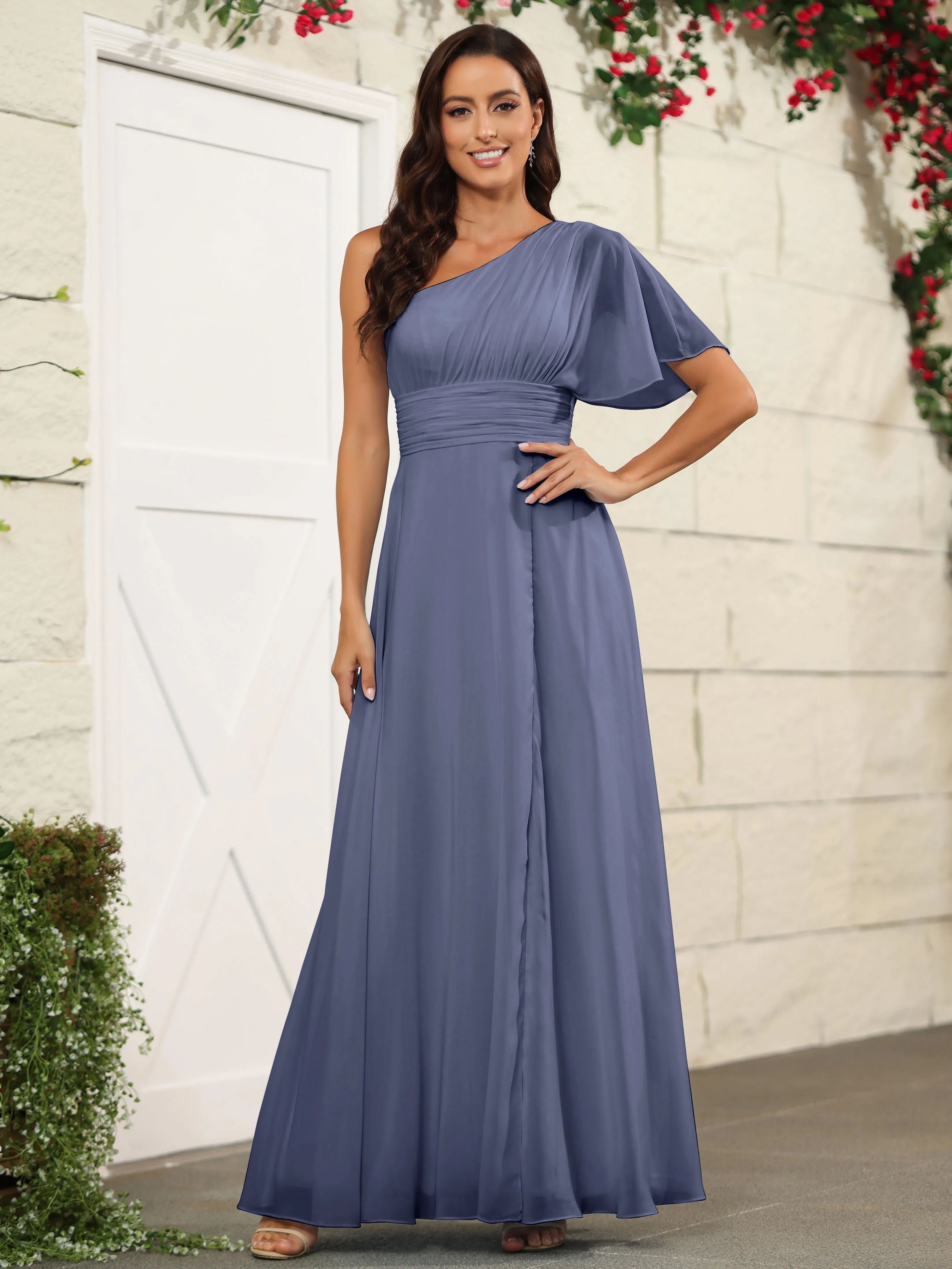 Simple One Shoulder Chiffon Floor Length Bridesmaid Dresses