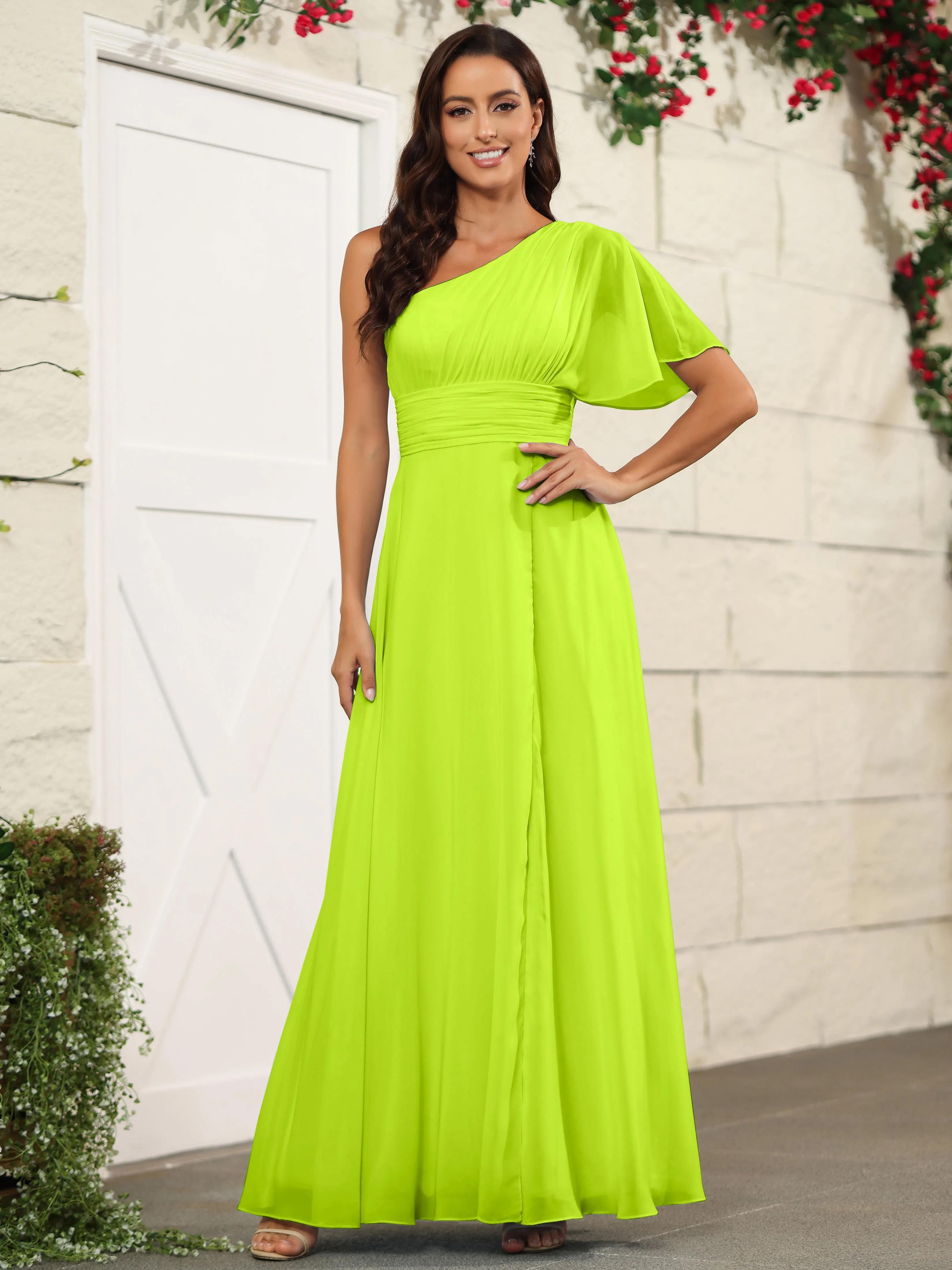 Simple One Shoulder Chiffon Floor Length Bridesmaid Dresses