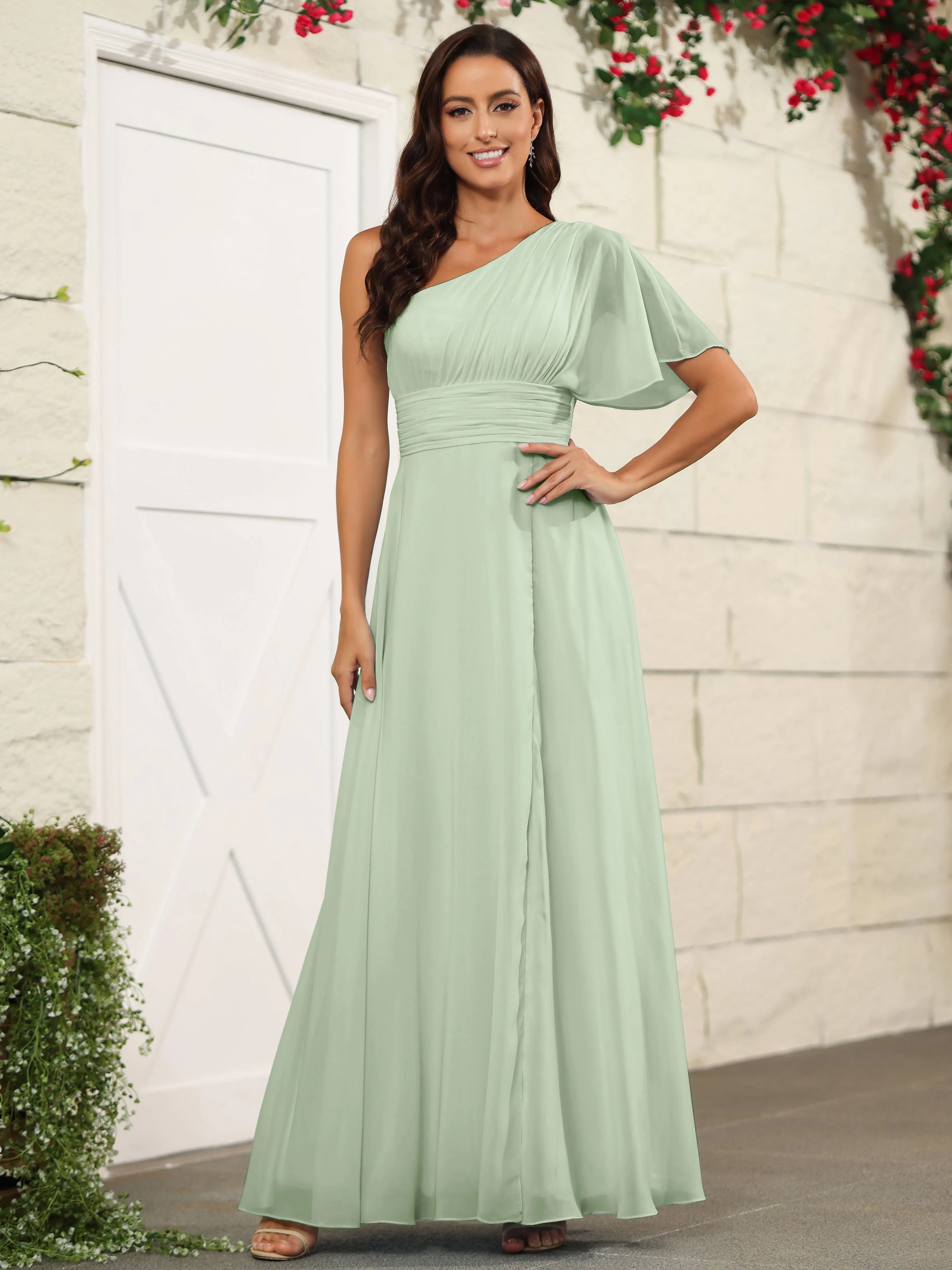 Simple One Shoulder Chiffon Floor Length Bridesmaid Dresses