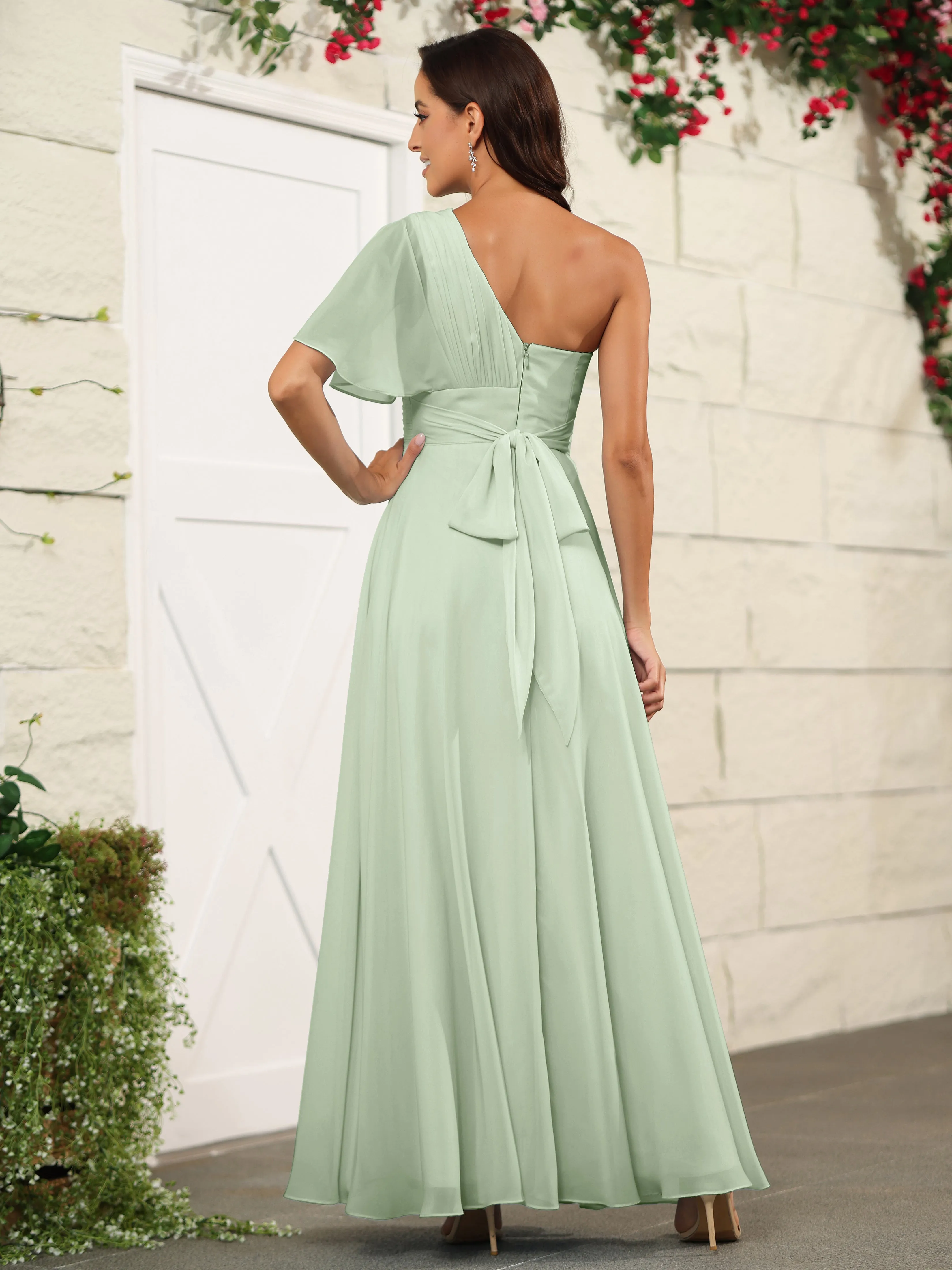 Simple One Shoulder Chiffon Floor Length Bridesmaid Dresses