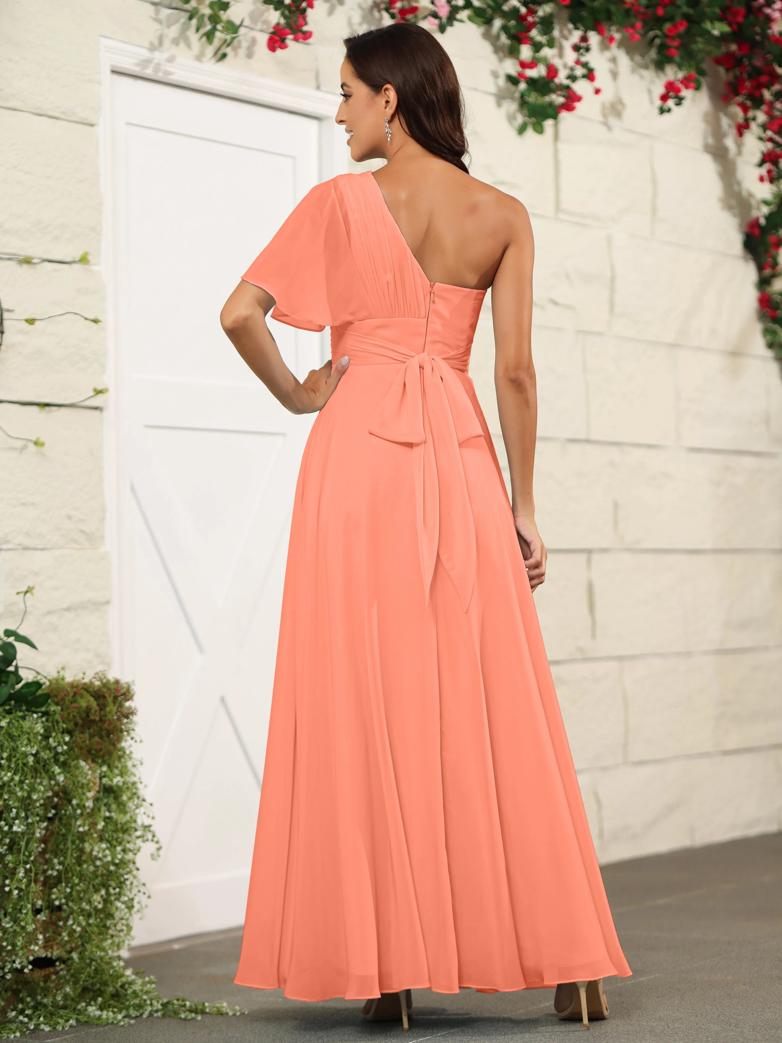 Simple One Shoulder Chiffon Floor Length Bridesmaid Dresses