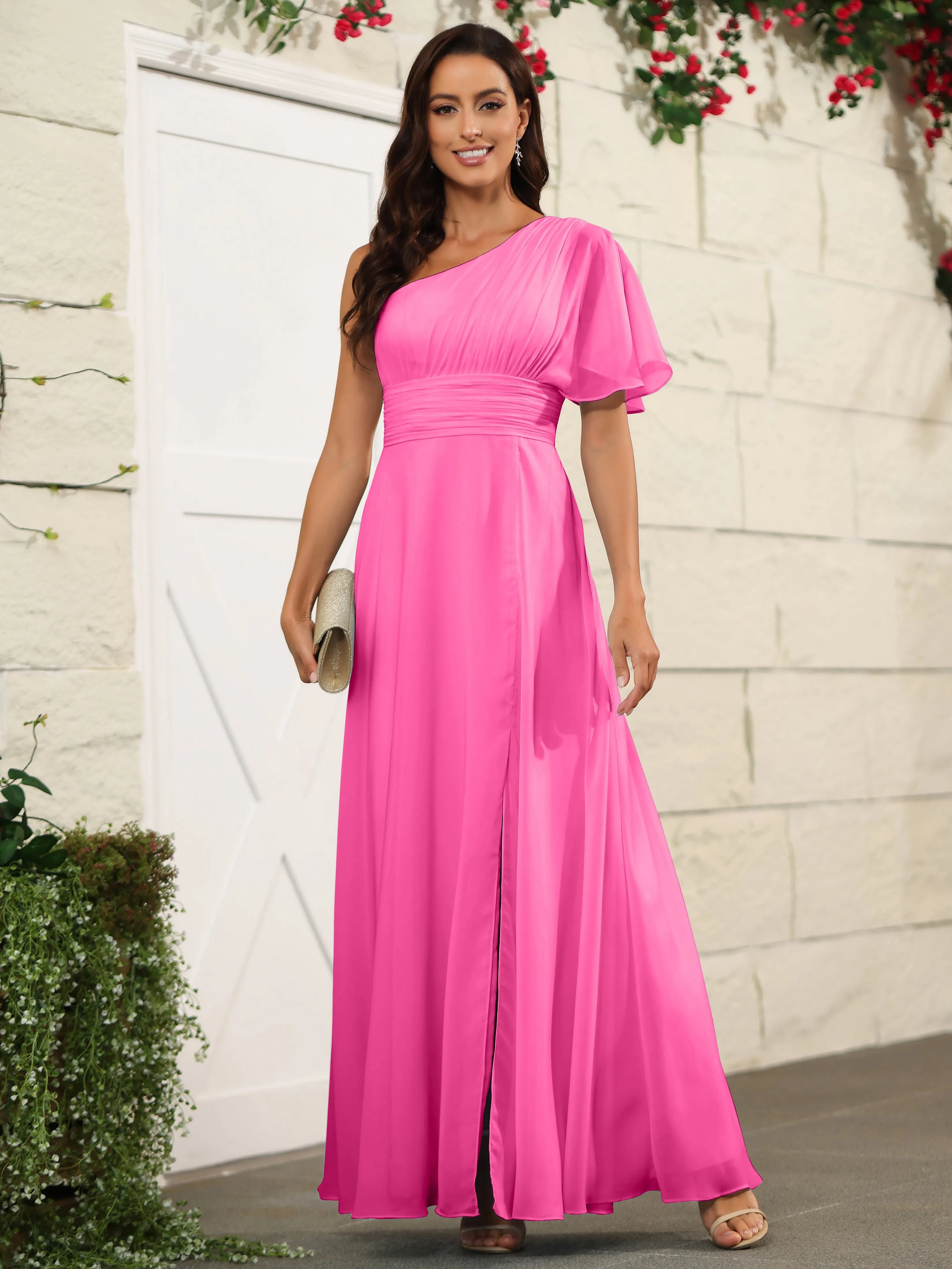 Simple One Shoulder Chiffon Floor Length Bridesmaid Dresses