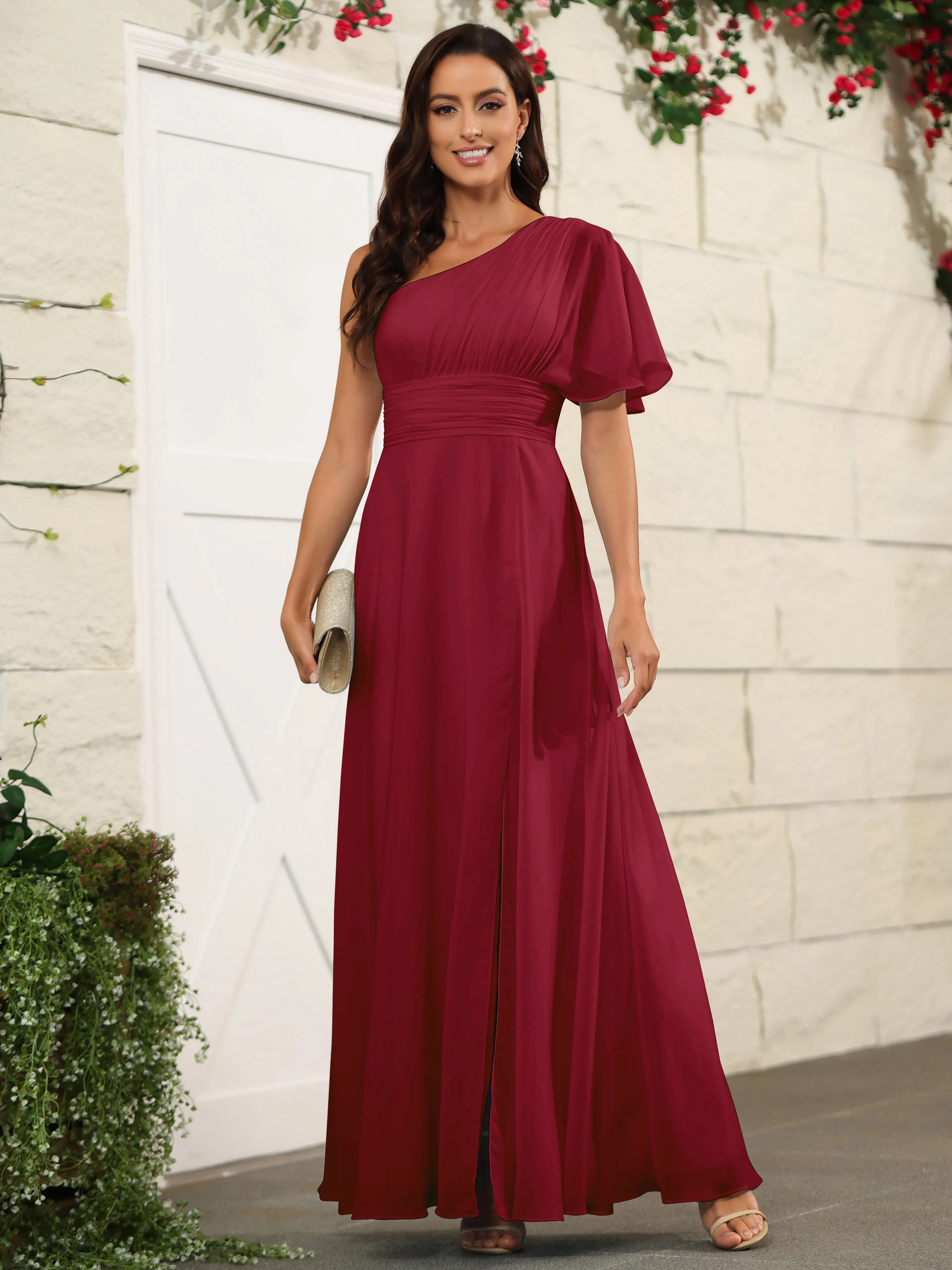 Simple One Shoulder Chiffon Floor Length Bridesmaid Dresses