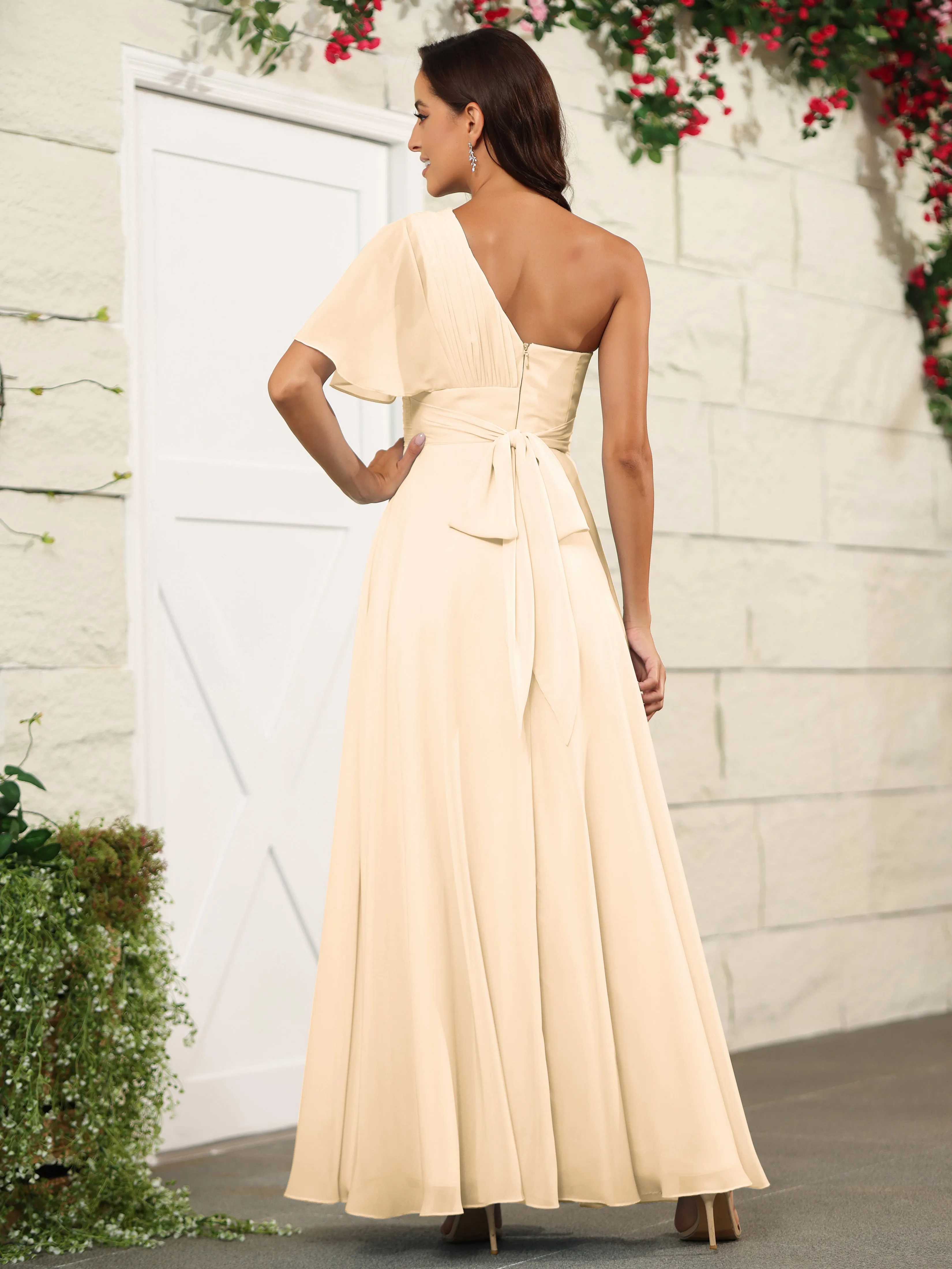 Simple One Shoulder Chiffon Floor Length Bridesmaid Dresses