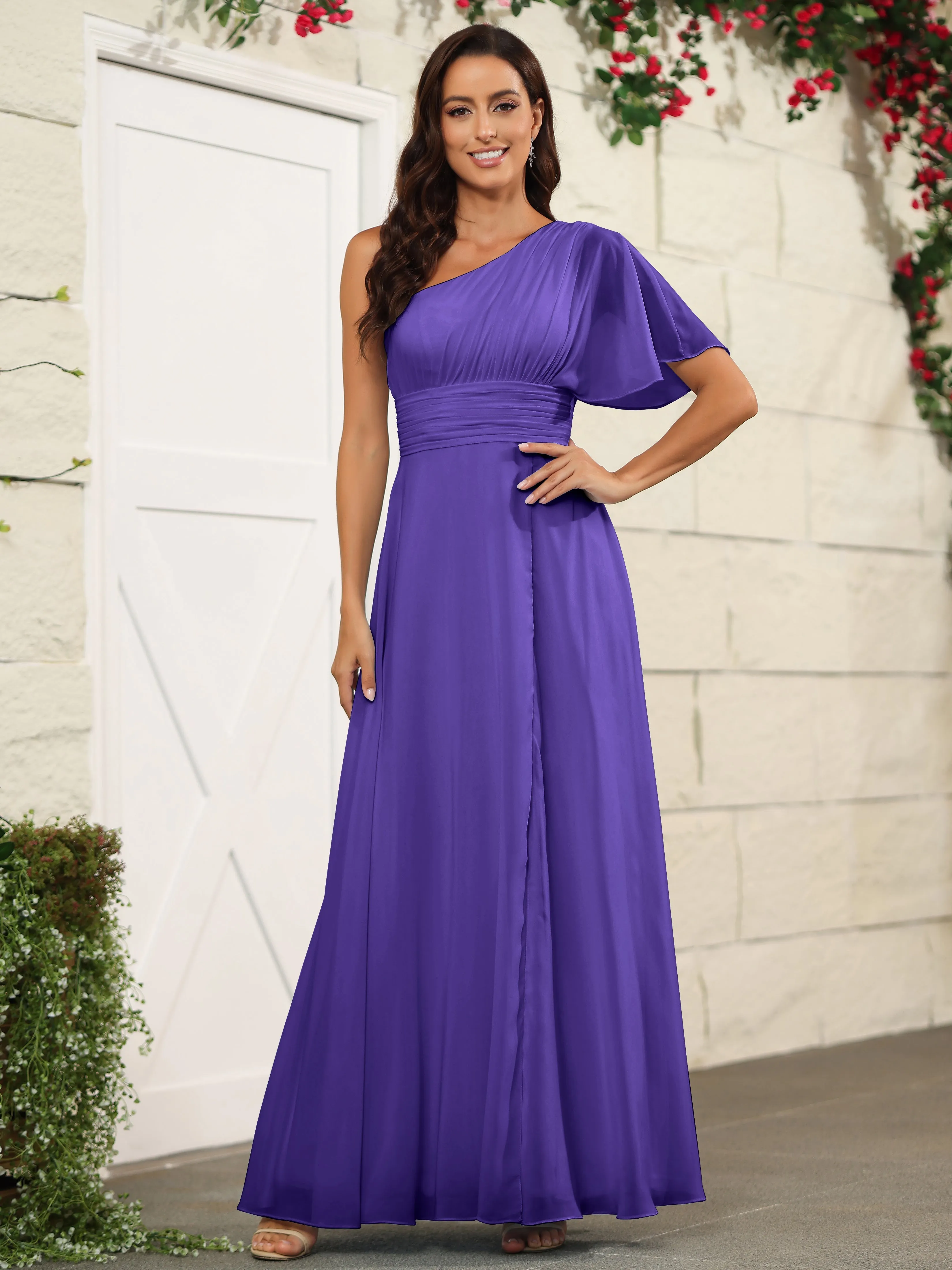 Simple One Shoulder Chiffon Floor Length Bridesmaid Dresses