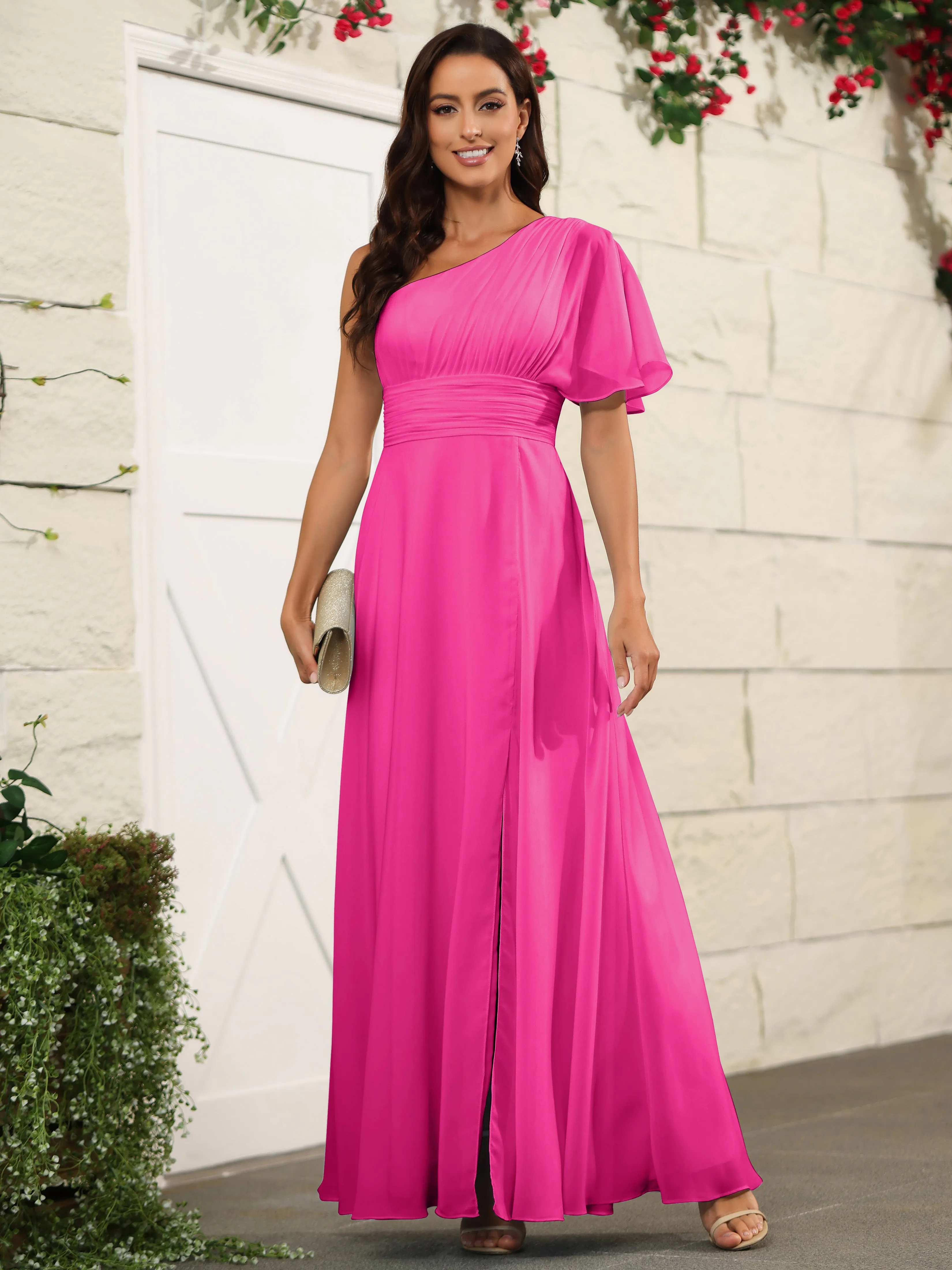 Simple One Shoulder Chiffon Floor Length Bridesmaid Dresses