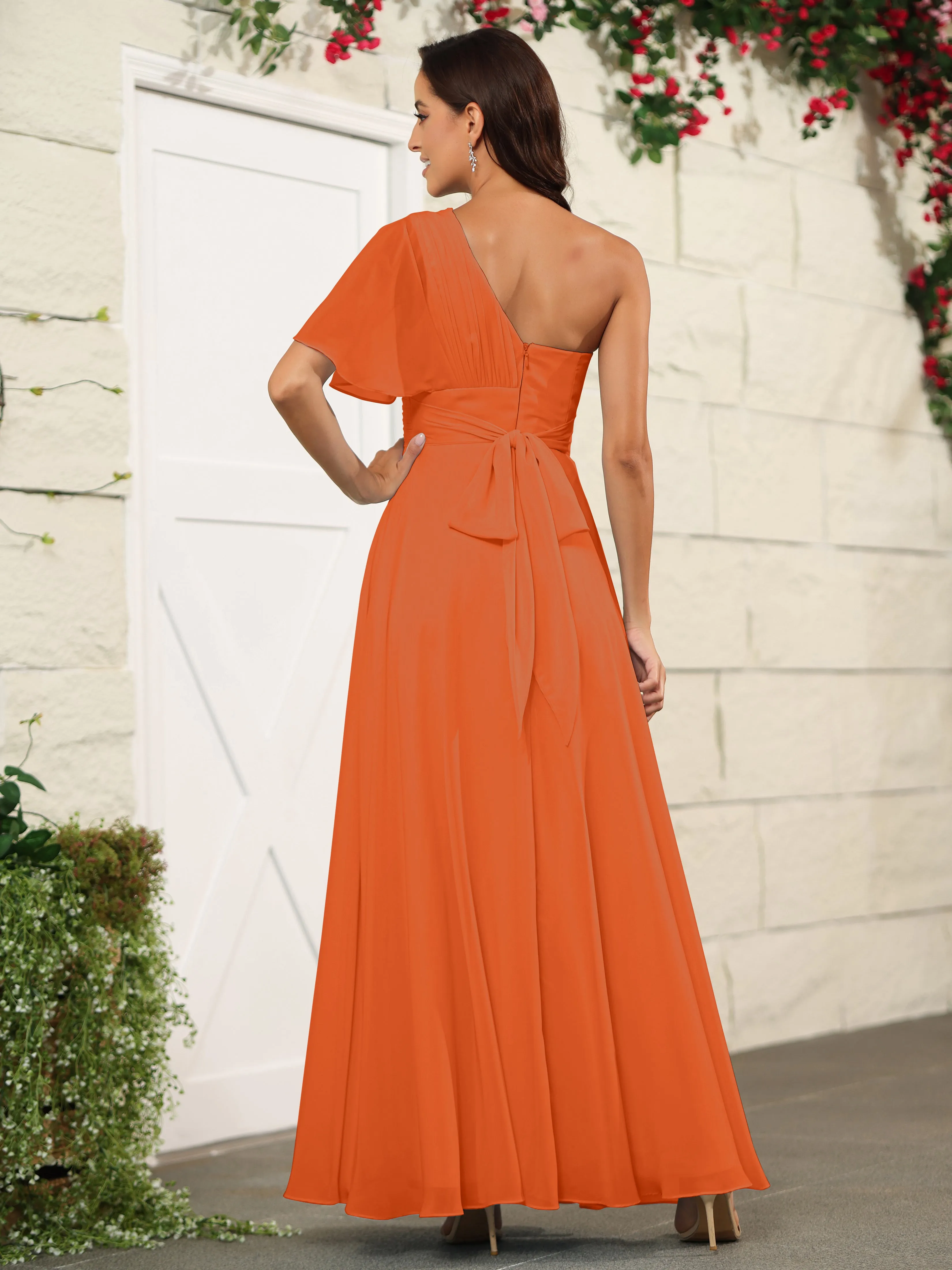 Simple One Shoulder Chiffon Floor Length Bridesmaid Dresses