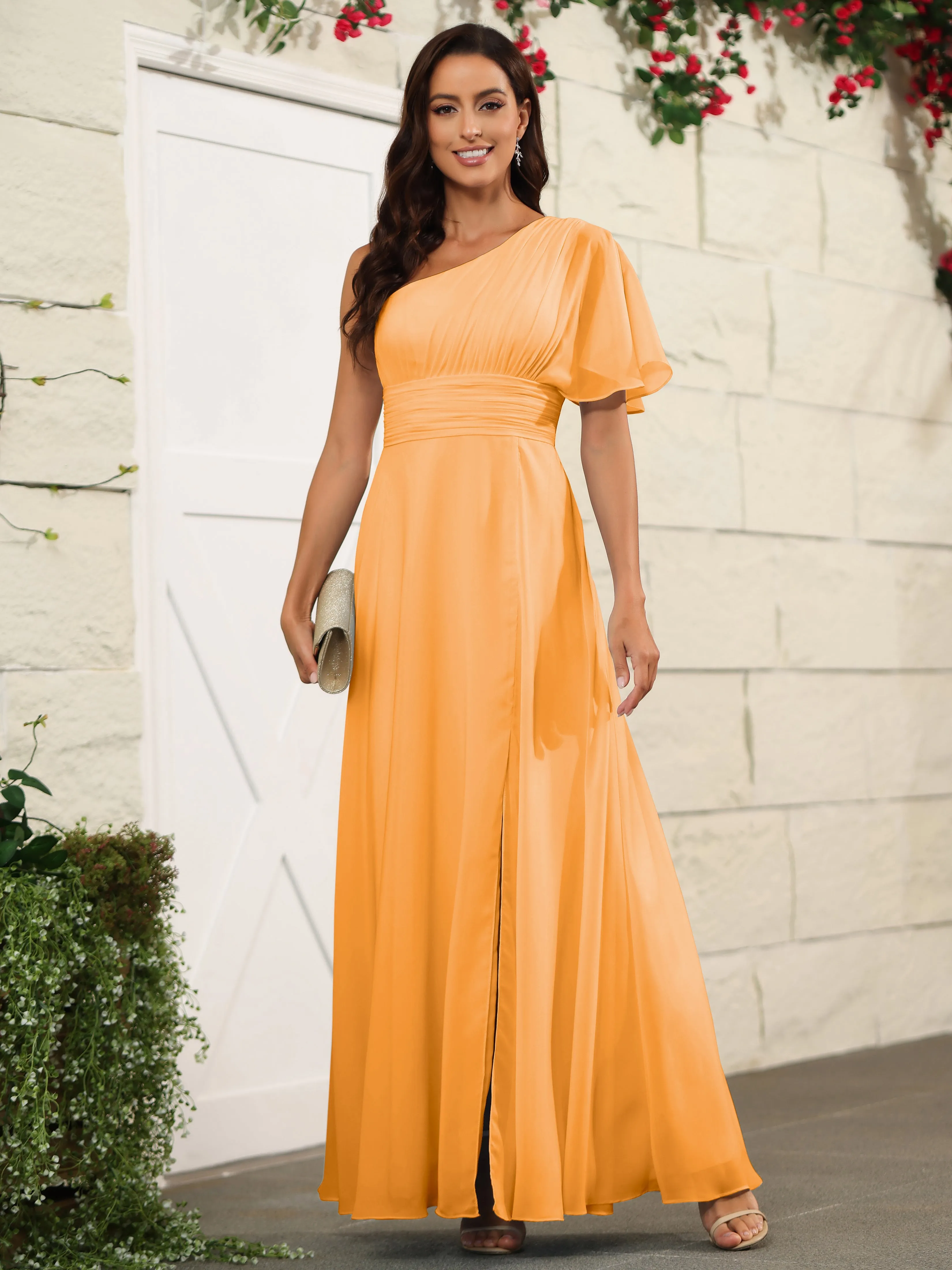 Simple One Shoulder Chiffon Floor Length Bridesmaid Dresses