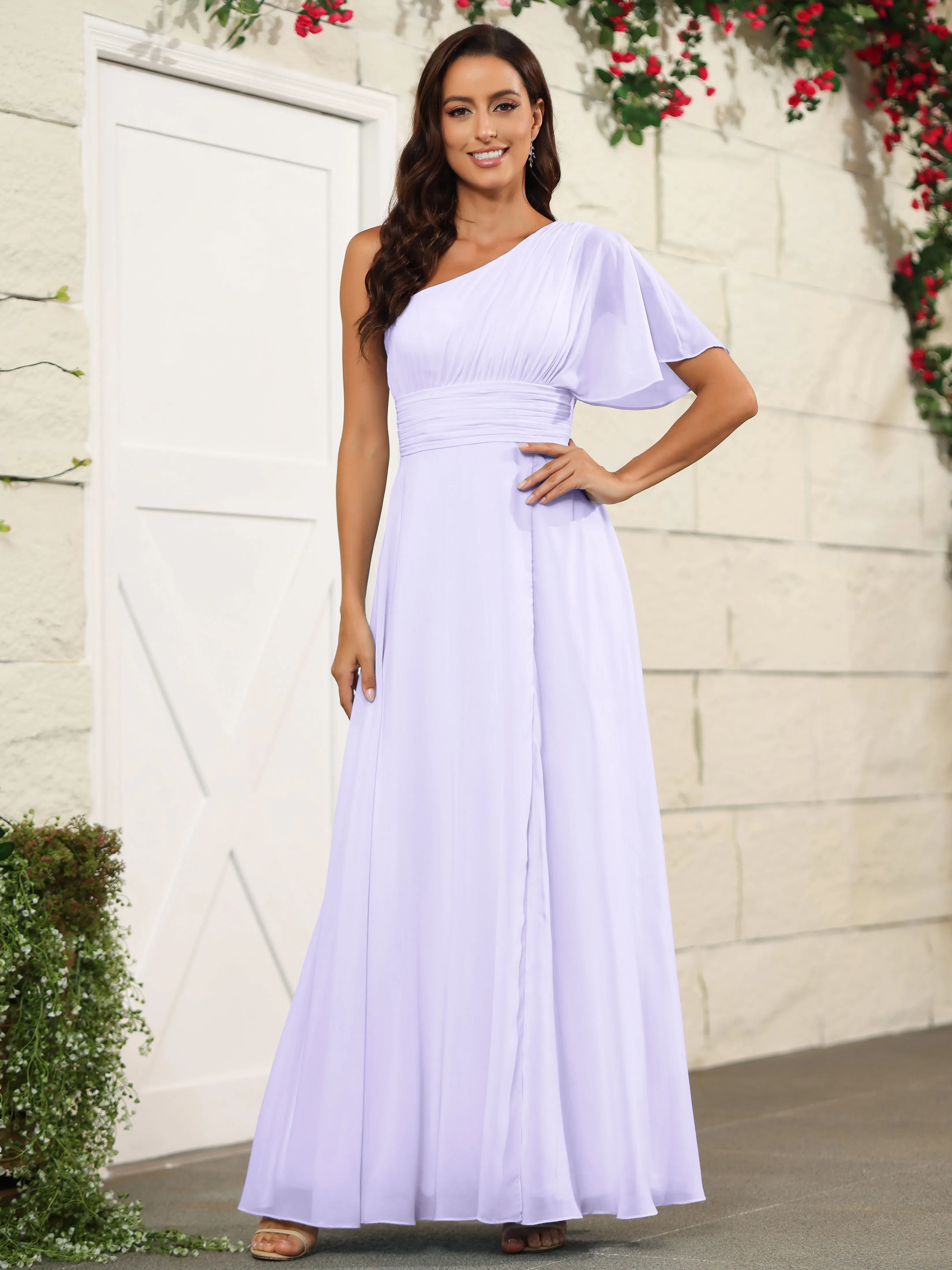 Simple One Shoulder Chiffon Floor Length Bridesmaid Dresses