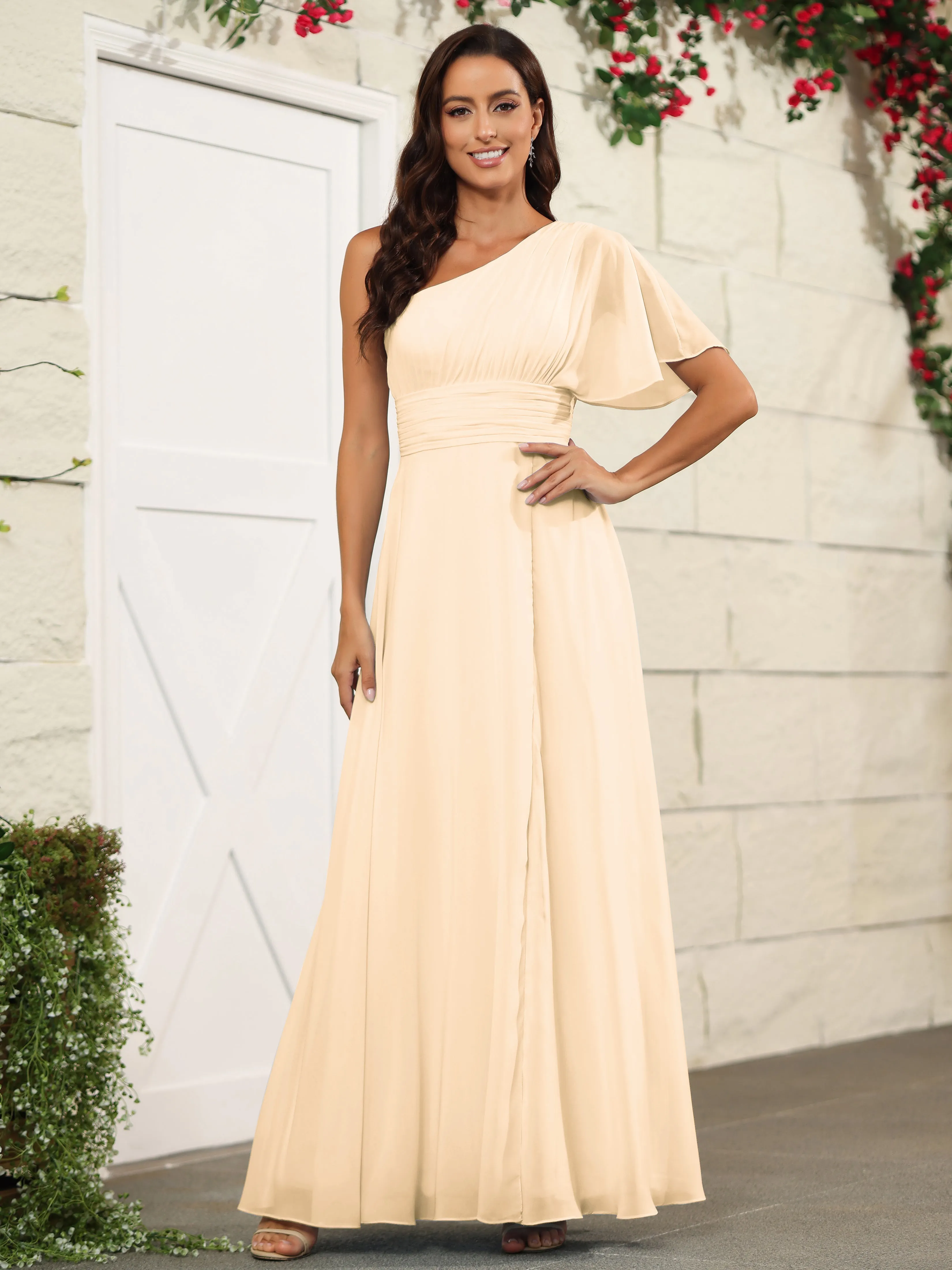 Simple One Shoulder Chiffon Floor Length Bridesmaid Dresses