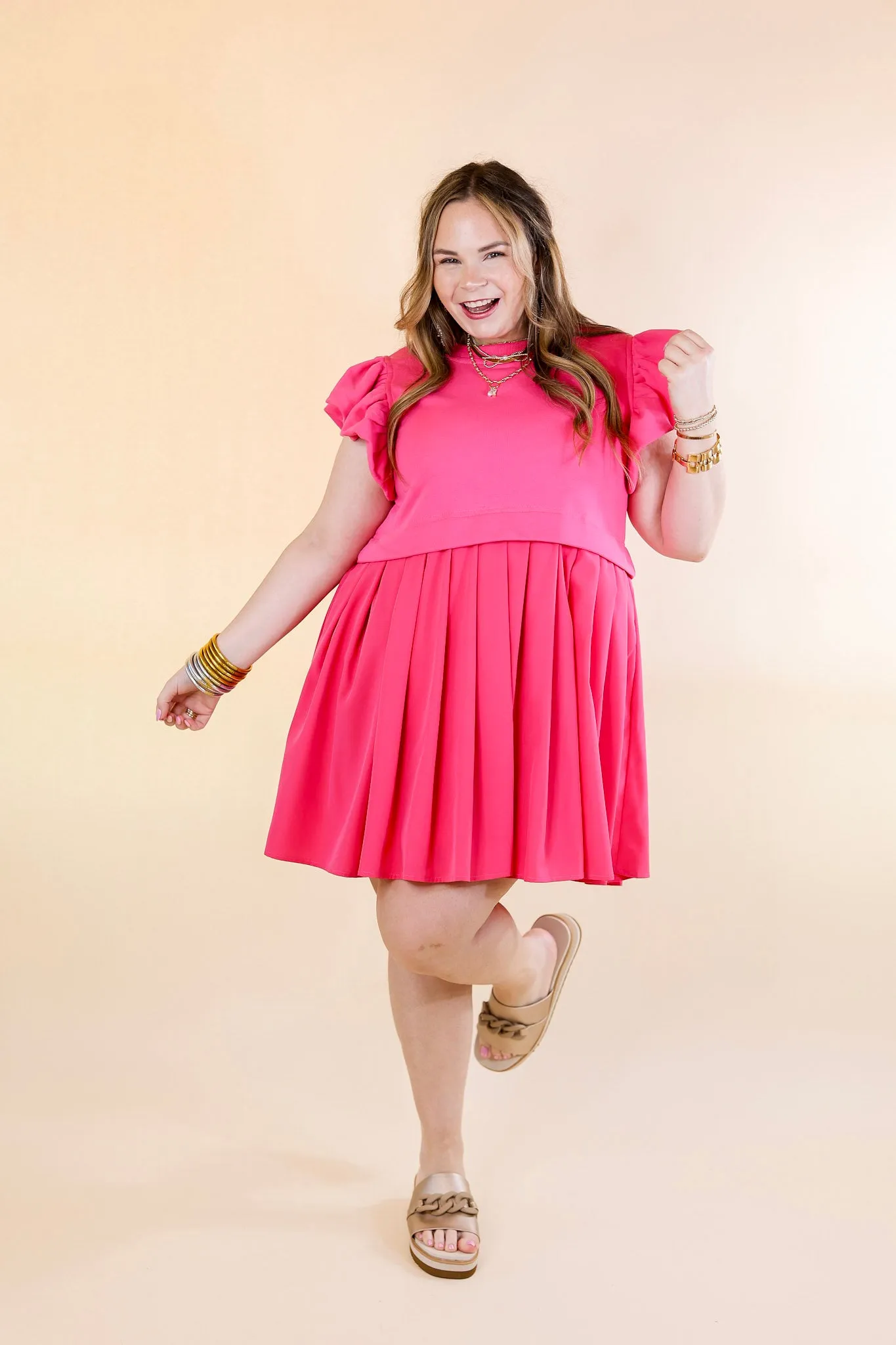 Simple Sophistication Solid Color Dress with Ruffle Cap Sleeves in Hot Pink