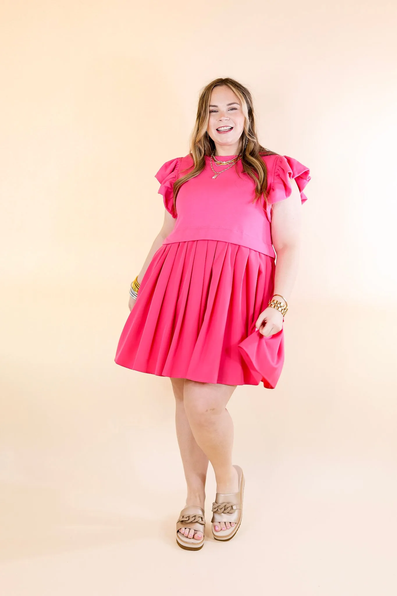 Simple Sophistication Solid Color Dress with Ruffle Cap Sleeves in Hot Pink
