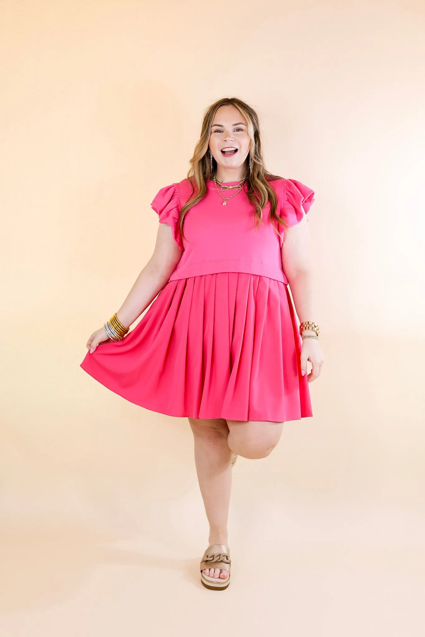 Simple Sophistication Solid Color Dress with Ruffle Cap Sleeves in Hot Pink