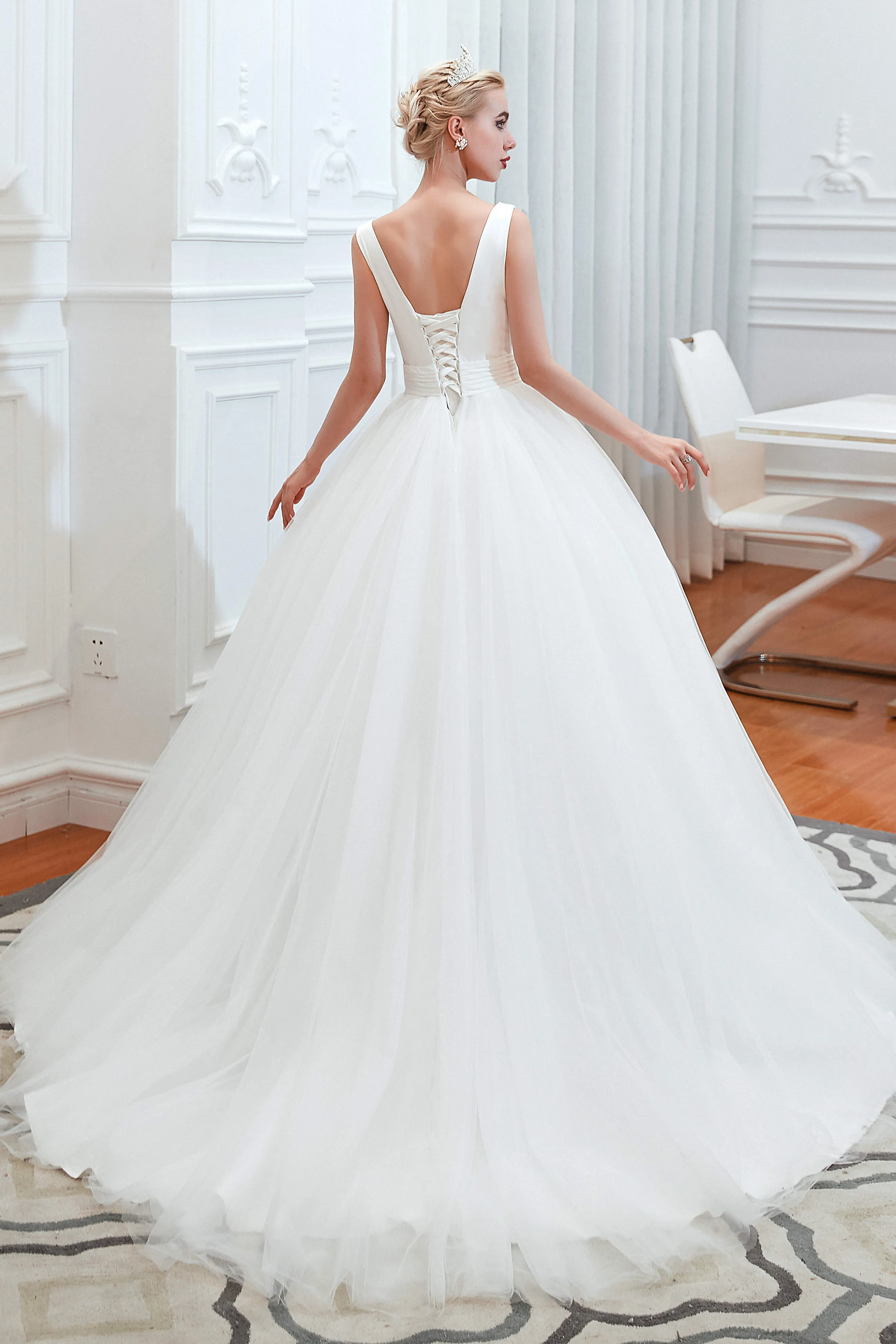 Simple White A Line V Neck Open Back Tulle Wedding Dresses