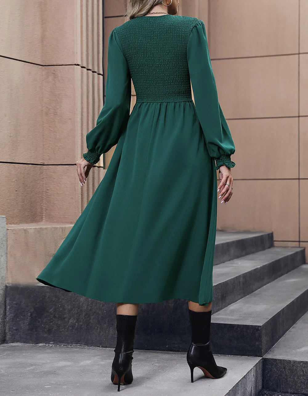 Solid-color Round Neck Mid-Waist Ruffle Hem Long A-Line Dresses