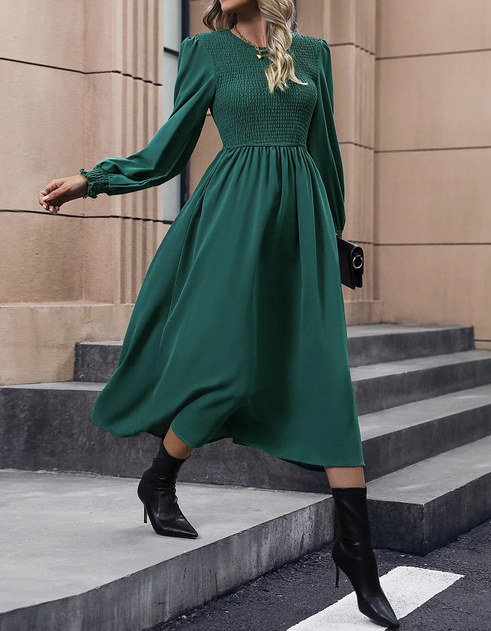 Solid-color Round Neck Mid-Waist Ruffle Hem Long A-Line Dresses