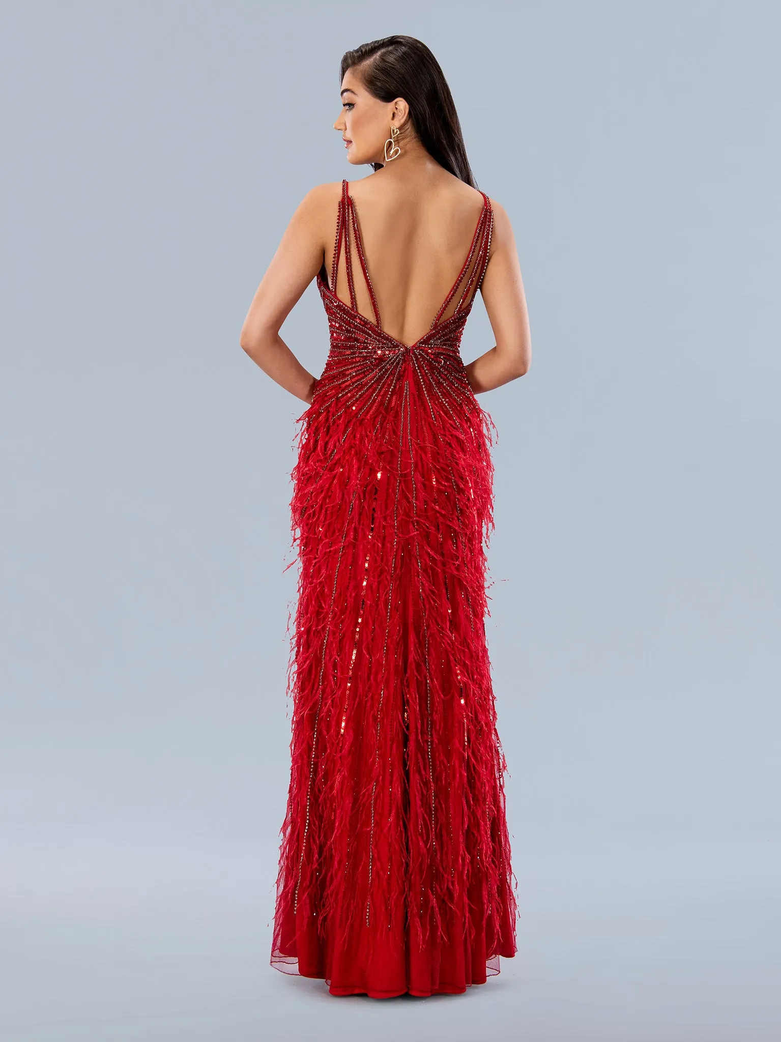 Stella Couture 24206 Long Beaded Feather Prom Dress Slit Sequin Formal Gown Evening