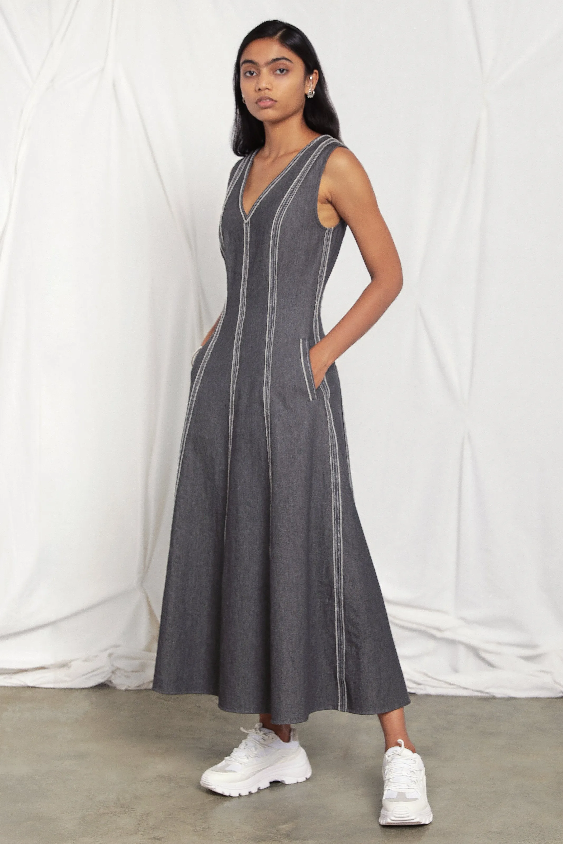 V-neck raw edge denim dress