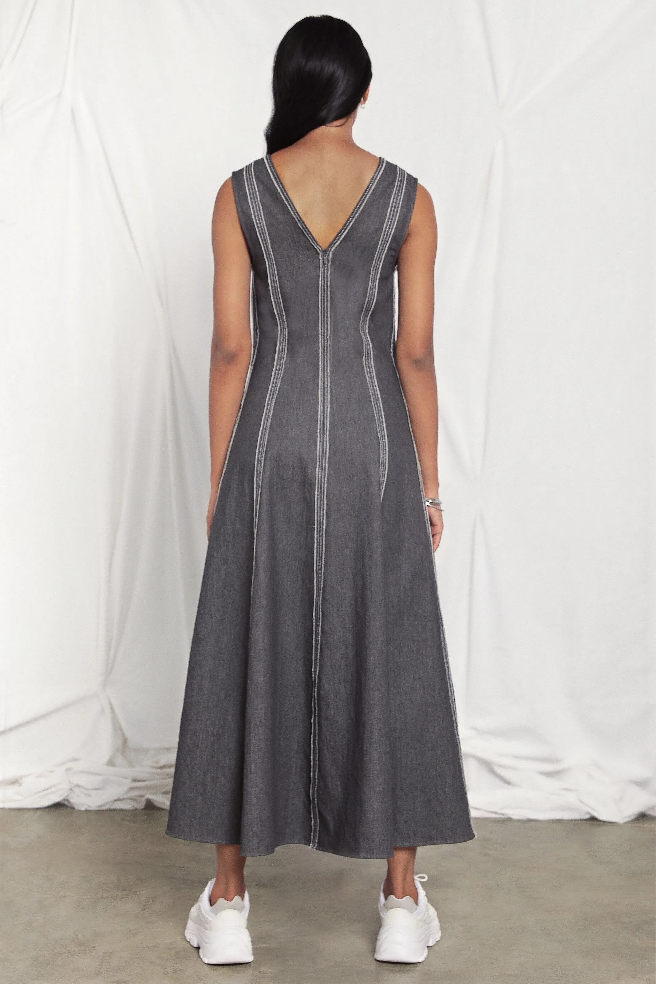 V-neck raw edge denim dress