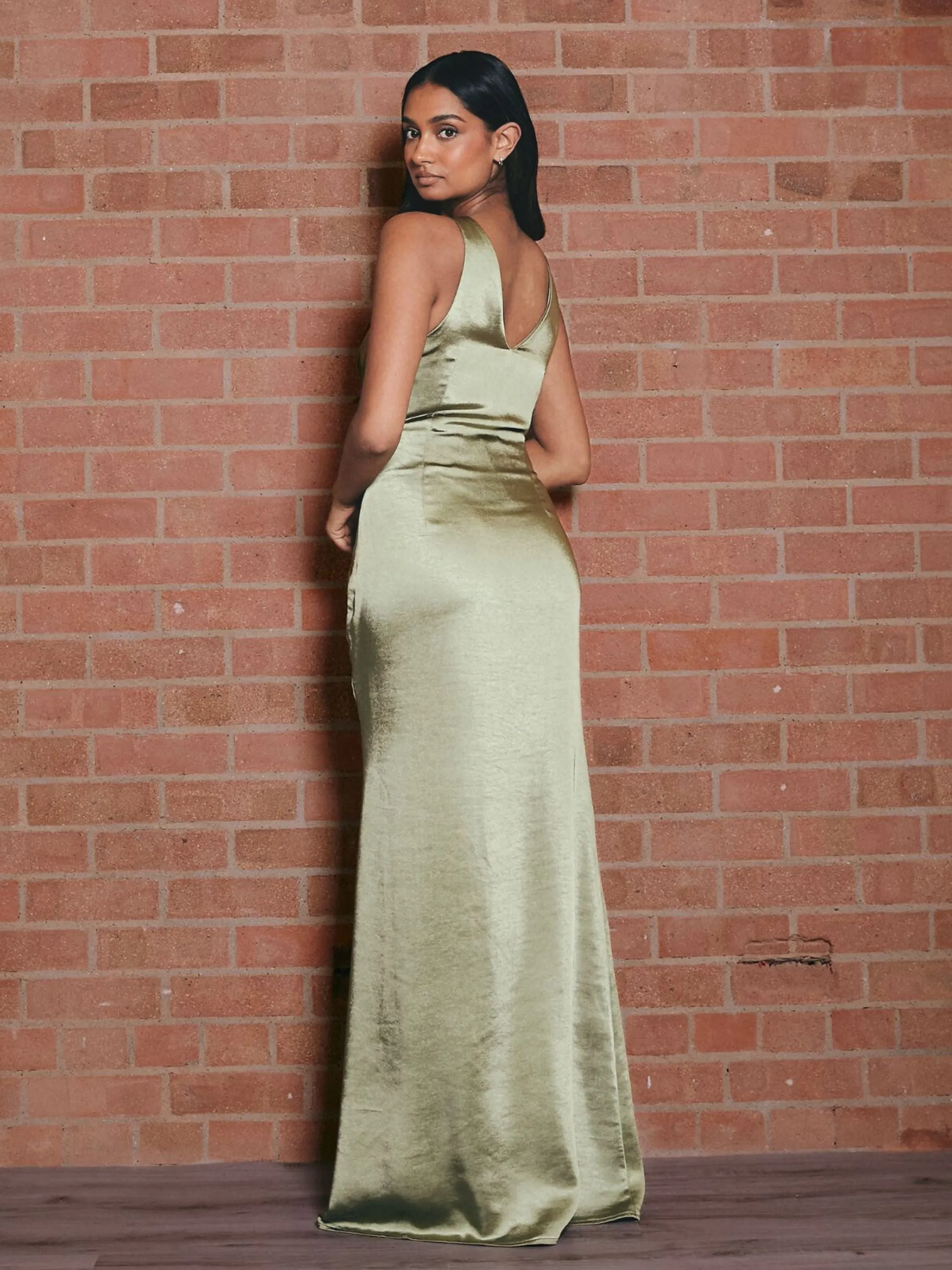 V Neck Satin Maxi Dress / Olive