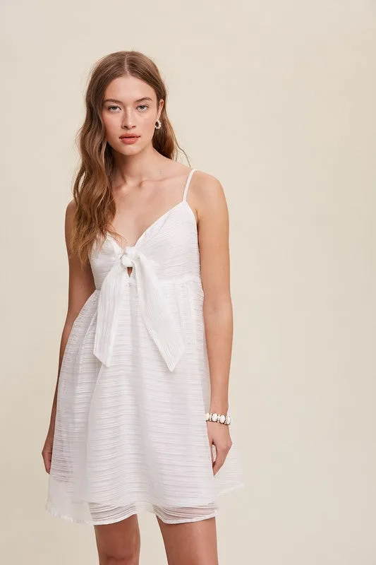White Ribbon Bow Tie Woven Mini Dress