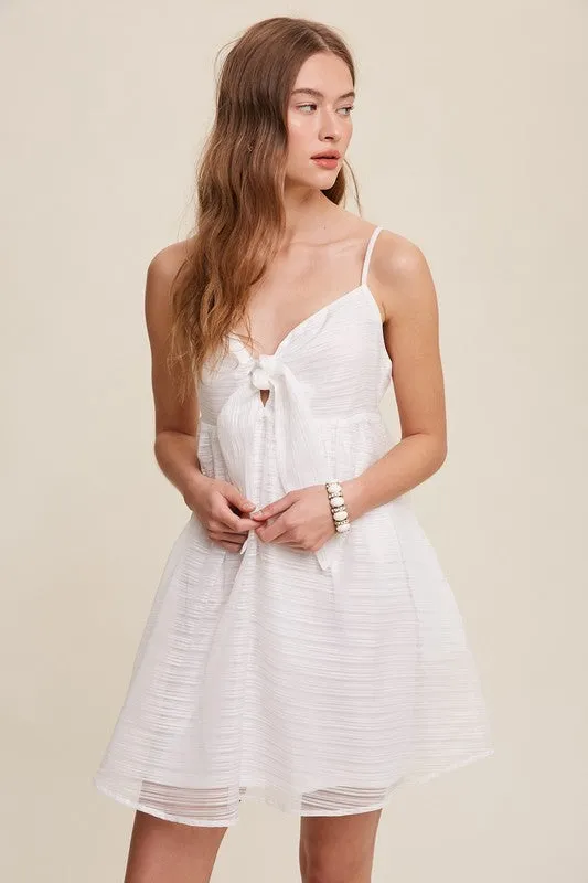 White Ribbon Bow Tie Woven Mini Dress