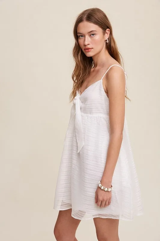 White Ribbon Bow Tie Woven Mini Dress