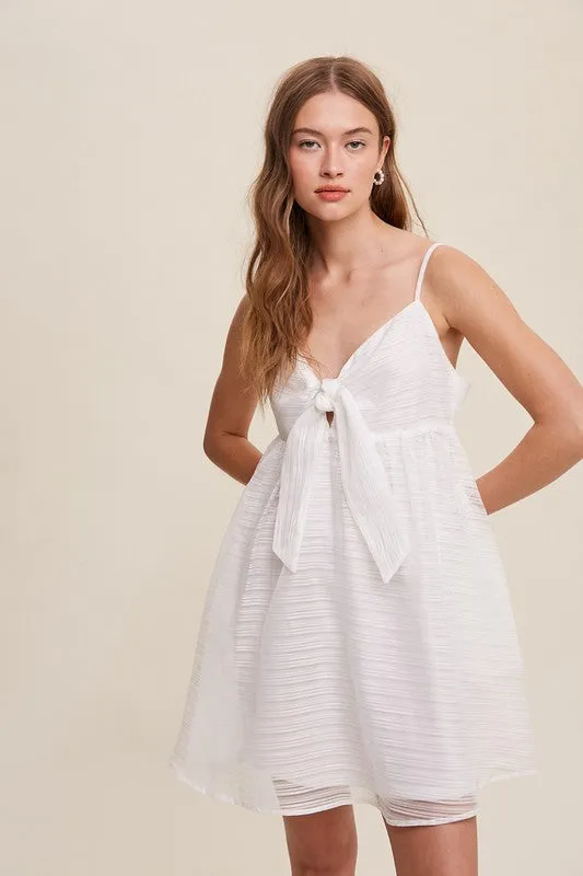 White Ribbon Bow Tie Woven Mini Dress