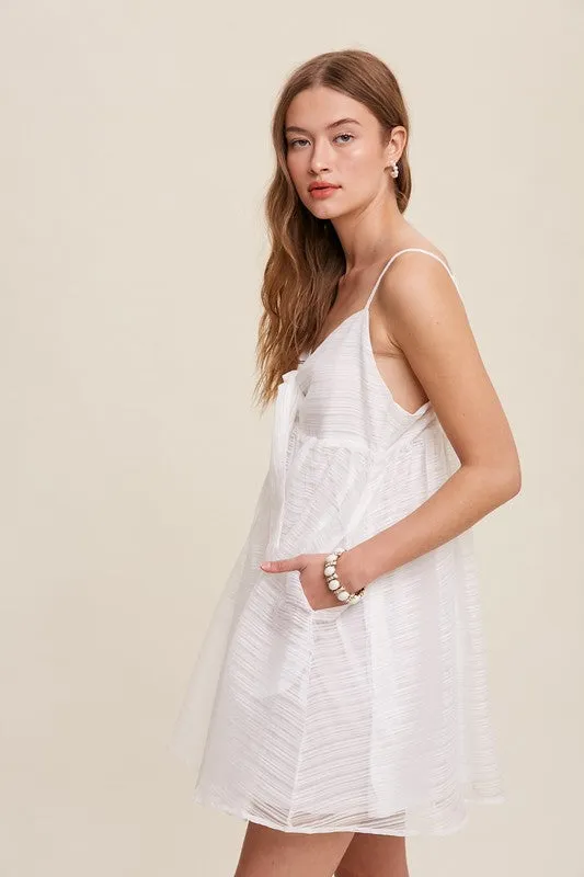 White Ribbon Bow Tie Woven Mini Dress