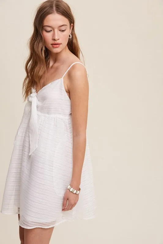 White Ribbon Bow Tie Woven Mini Dress